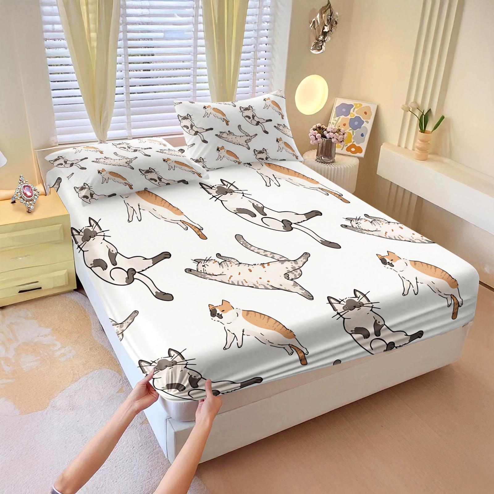 3Pcs Funny Cute Cat Digital Print Fitted Sheet Set, Cartoon Kitten Themed Bed Sheet Set, Soft Breathable Microfiber Bedding, Non-Slip All-Around Elastic, Perfect for Cat Lovers Bedroom, Guest Room, Dorm, Year-Round Use - No Filling