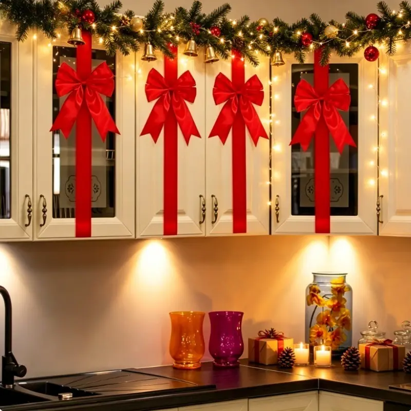 Christmas Holiday Bow Set, 4 Pieces Decorative Ribbon with Adhesive, Reusable Non-Electric Door Cabinet Decoration, Perfect for Seasonal Celebrations