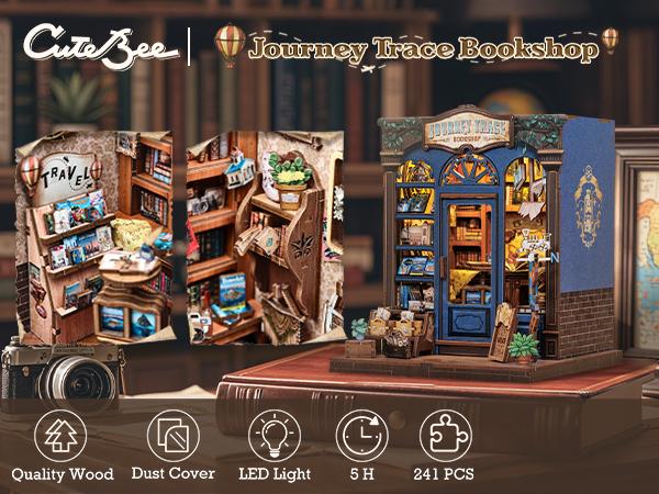 CUTEBEE DIY 3D Book Nook Kit Journey Trace Bookshop – Miniature Wooden Streetscape Bookstore with LED Light, Handmade 3D Dollhouse Decor | Holiday, Christmas and Black Friday Gift