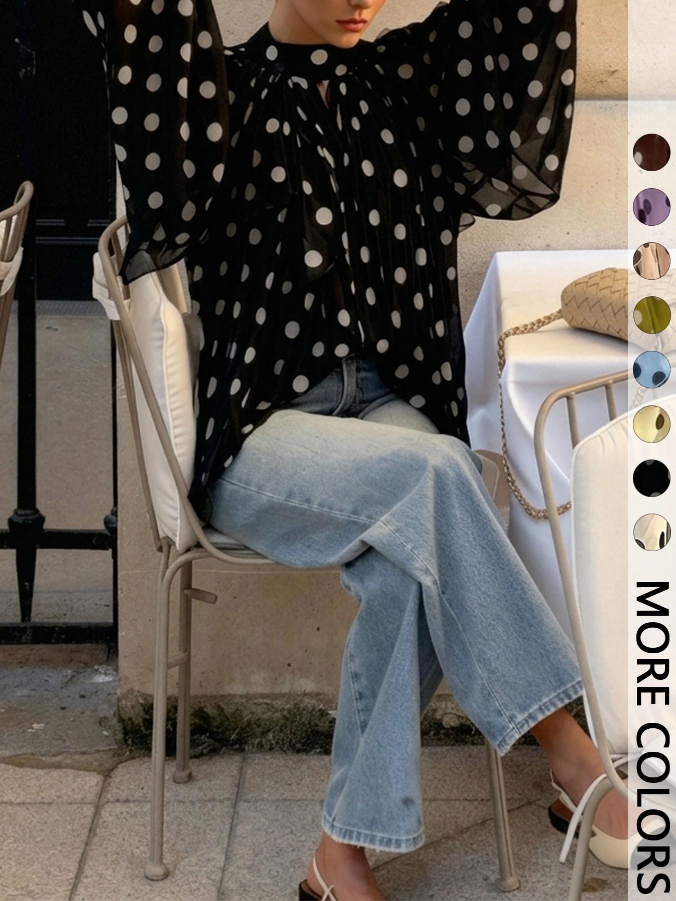 Women's Polka Dot Sheer Chiffon Blouse, Bow Tie Neck & Long-Sleeve Top, Loose Fit Elegant Feminine Shirt for Casual Daily, Party, Commute & Vacation Wear, Spring Summer Layering