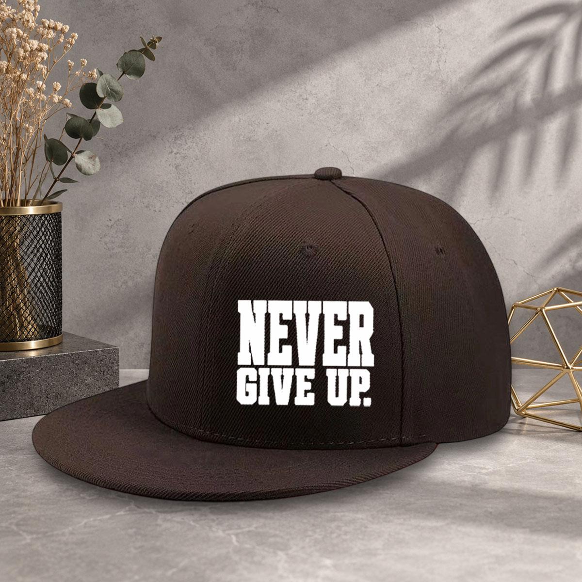 Unisex baseball cap with minimalist text "Never Give Up" printed flat brim design, multiple colors to choose from, adjustable size with code