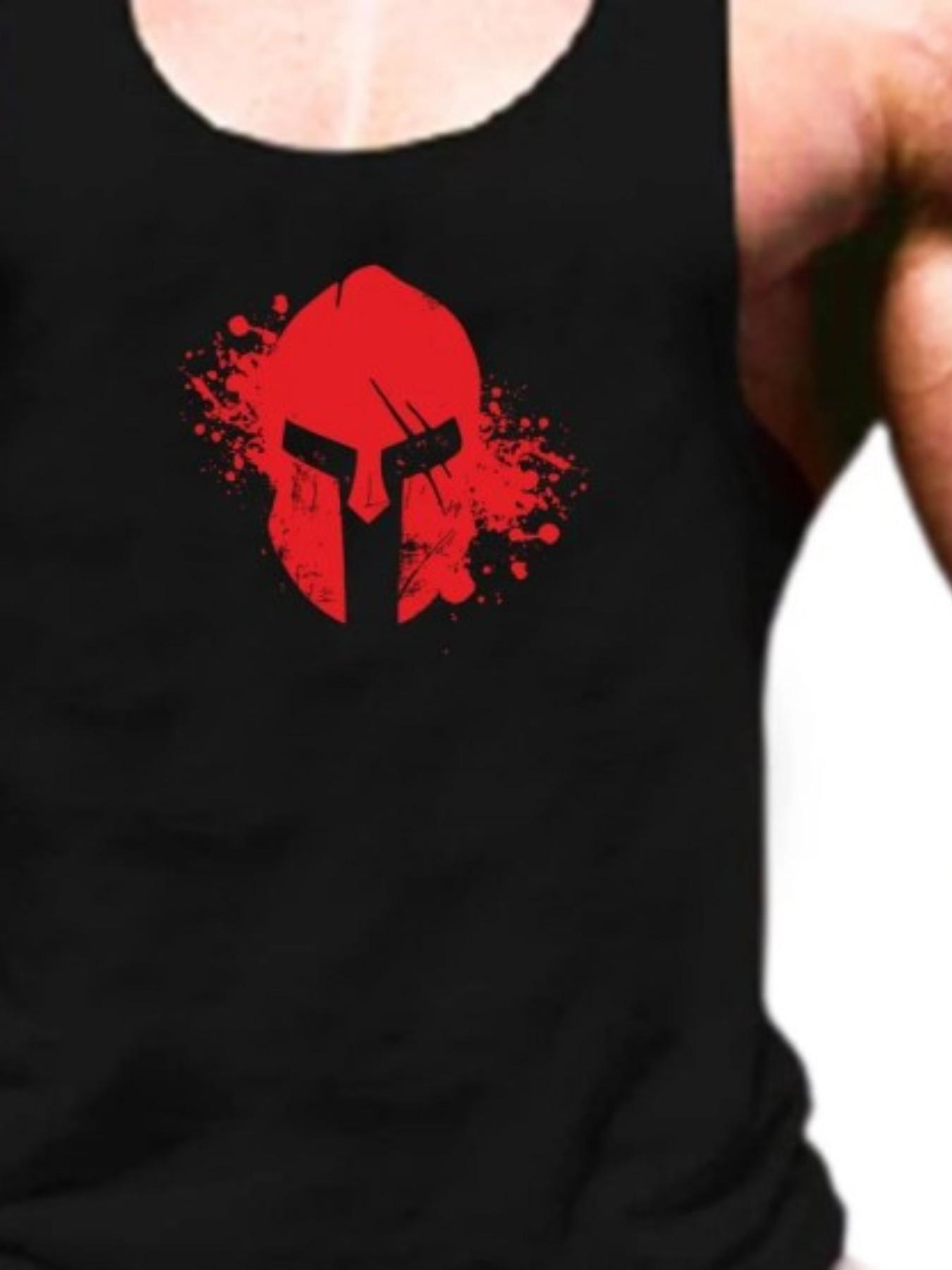 Men's Splatter Spartan Helmet Graphic Fitness Tank Top, Sporty Loose-Fitting Sleeveless Shirt, All-Season Muscle Training Wear
