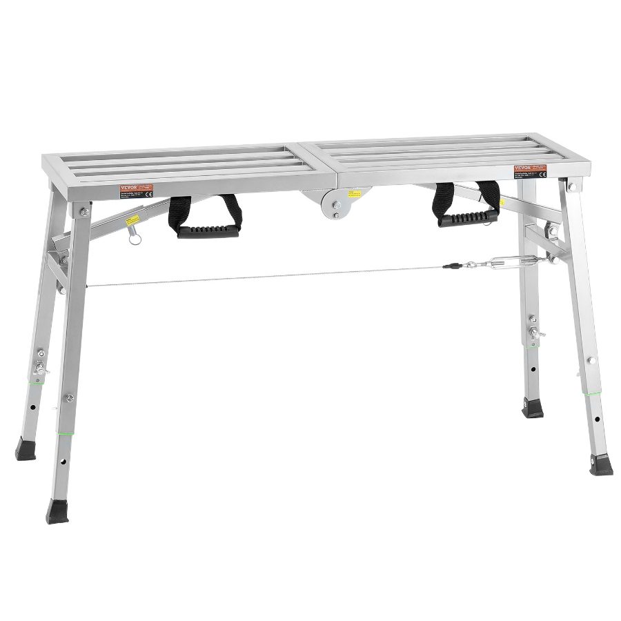fathersdaygift VEVOR Work Platform, 3 Gear Adjustable Height, Folding Alloy Steel Step Ladder, Portable Scaffolding Platform, 400 lb Load Capacity, Non-Slip Rubber Feet, Drywall Painting Stool, for Cleaning Washing