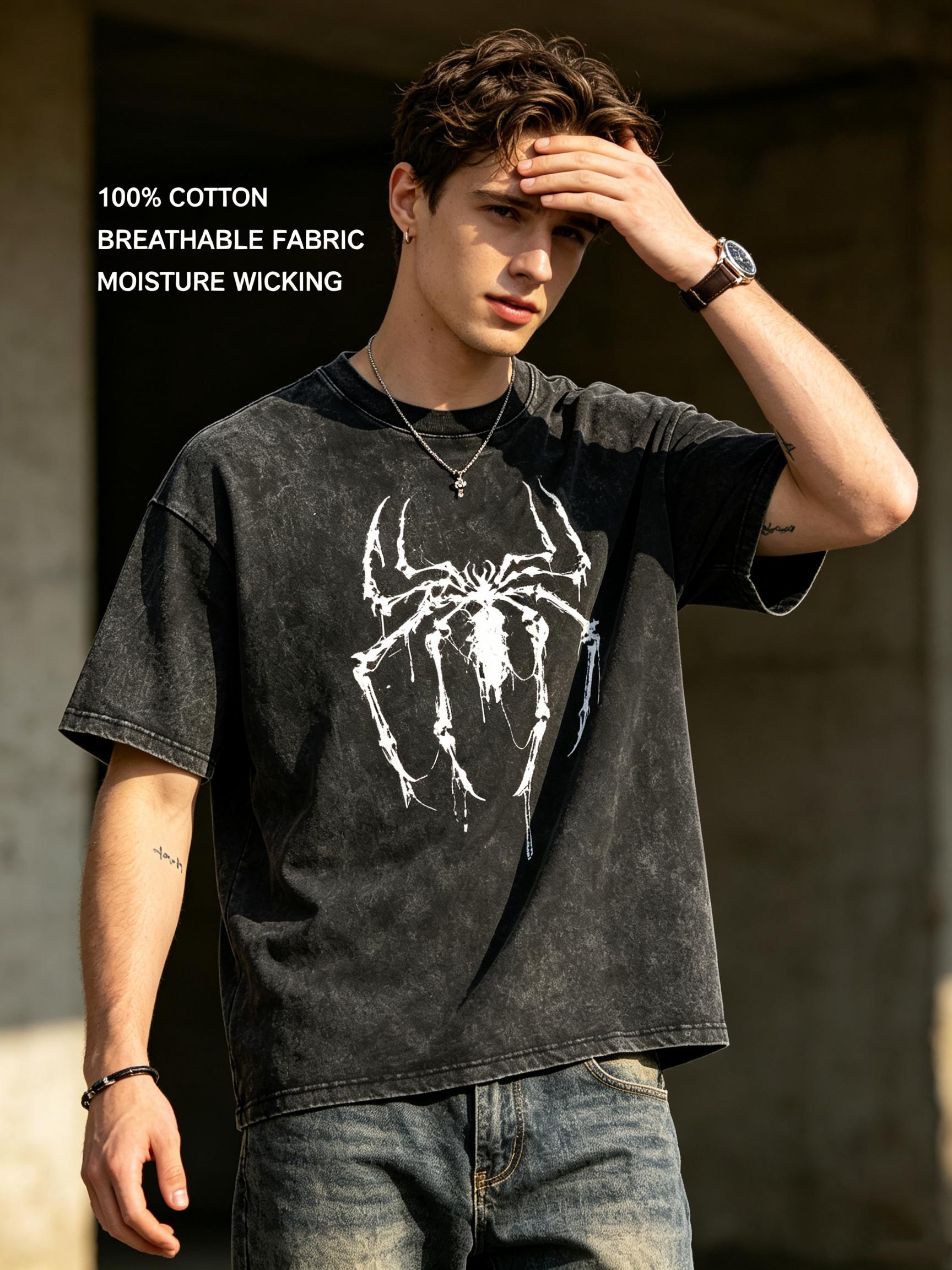 Unisex Acid Wash Spider Graphic Tee Heavyweight Cotton Oversized Boxy Fit Shirt Dark Streetwear Goth Vintage Tops Y2K Streetwear Tee