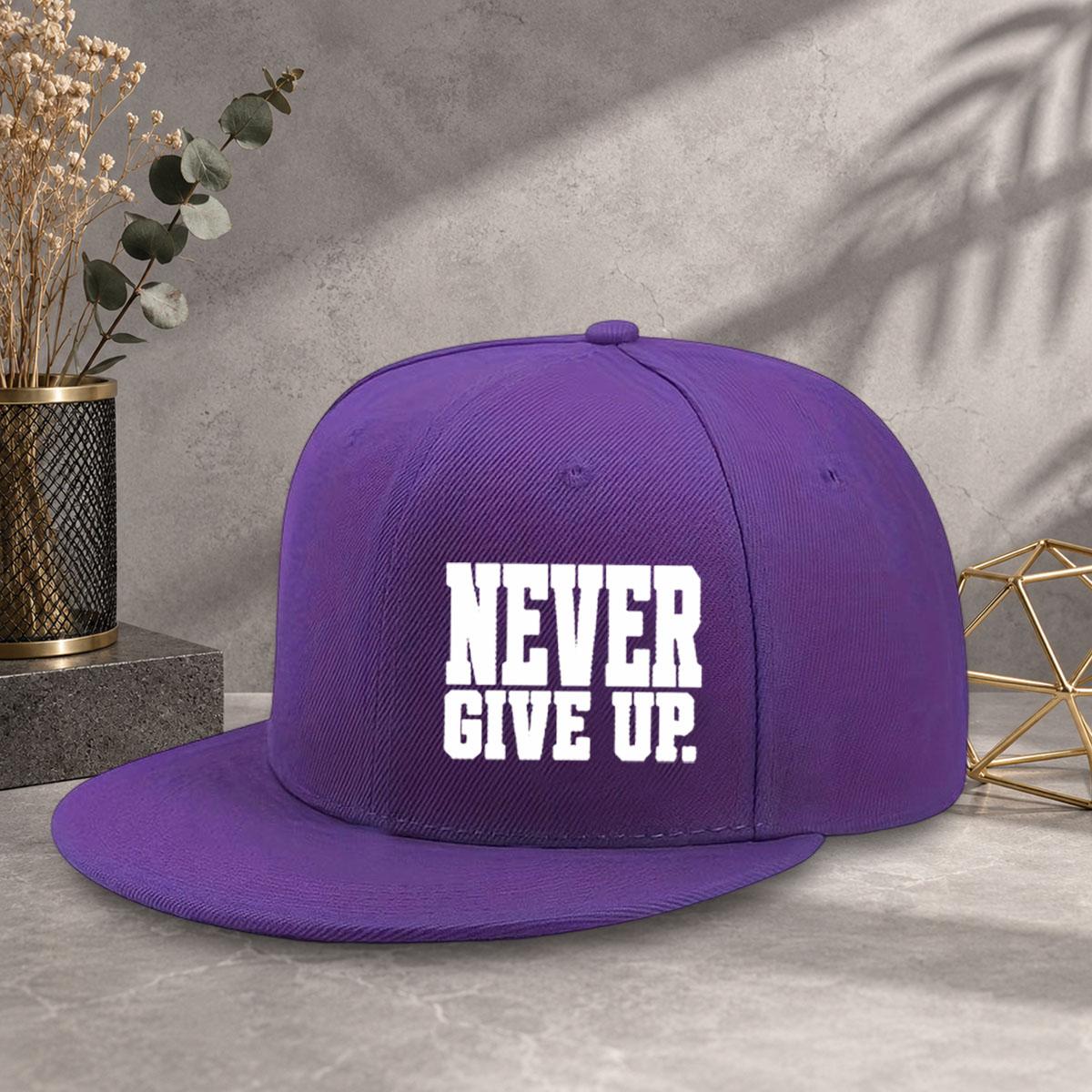 Unisex baseball cap with minimalist text "Never Give Up" printed flat brim design, multiple colors to choose from, adjustable size with code