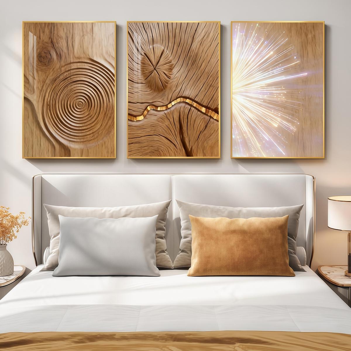 3 Counts Aluminum Alloy Framed Painting, Abstract Wood Texture And Light Burst Pictures, Home Decoration For Living Room, Bedroom, Office, Restaurant, Hallway Wall Decor, Odorless Print Artwork, Luxury Perfect Gift For Friends And Family