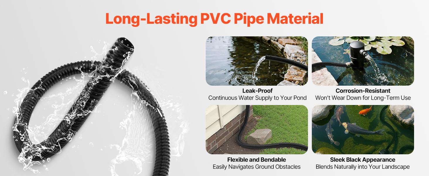 VEVOR 21 ft Corrugated Pond Tubing, 1 inch Inner Diameter, Flexible PVC Hose, Black Drain Pipe, Plastic Corrugated Water Tubing for Pond, Pump, Fountain, Garden, Swimming Pools, Filters, (1 pcs)