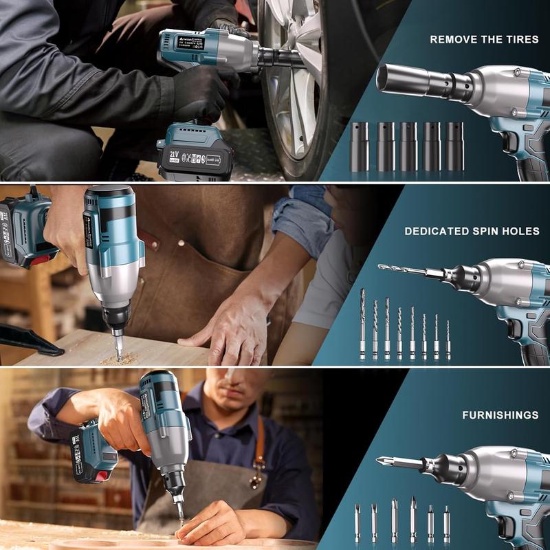 1000N.m Cordless 1/2 inch Impact Wrench,  2x 3.0Ah Battery, Fast Charger & 6 Sockets, screwdriver and home maintenance kit 3800RPM Electric Impact Driver  for Truck Car/Home DIY/Industry Tool Box