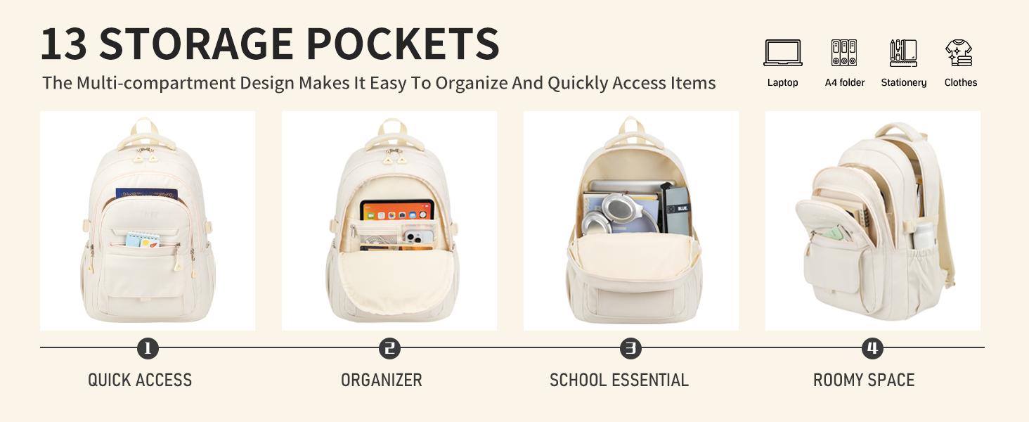 Large School Backpack for Girls, Teens Schoolbag Aesthetic High School Middle School Laptop Backpack College Student Women Bookbag, Beige