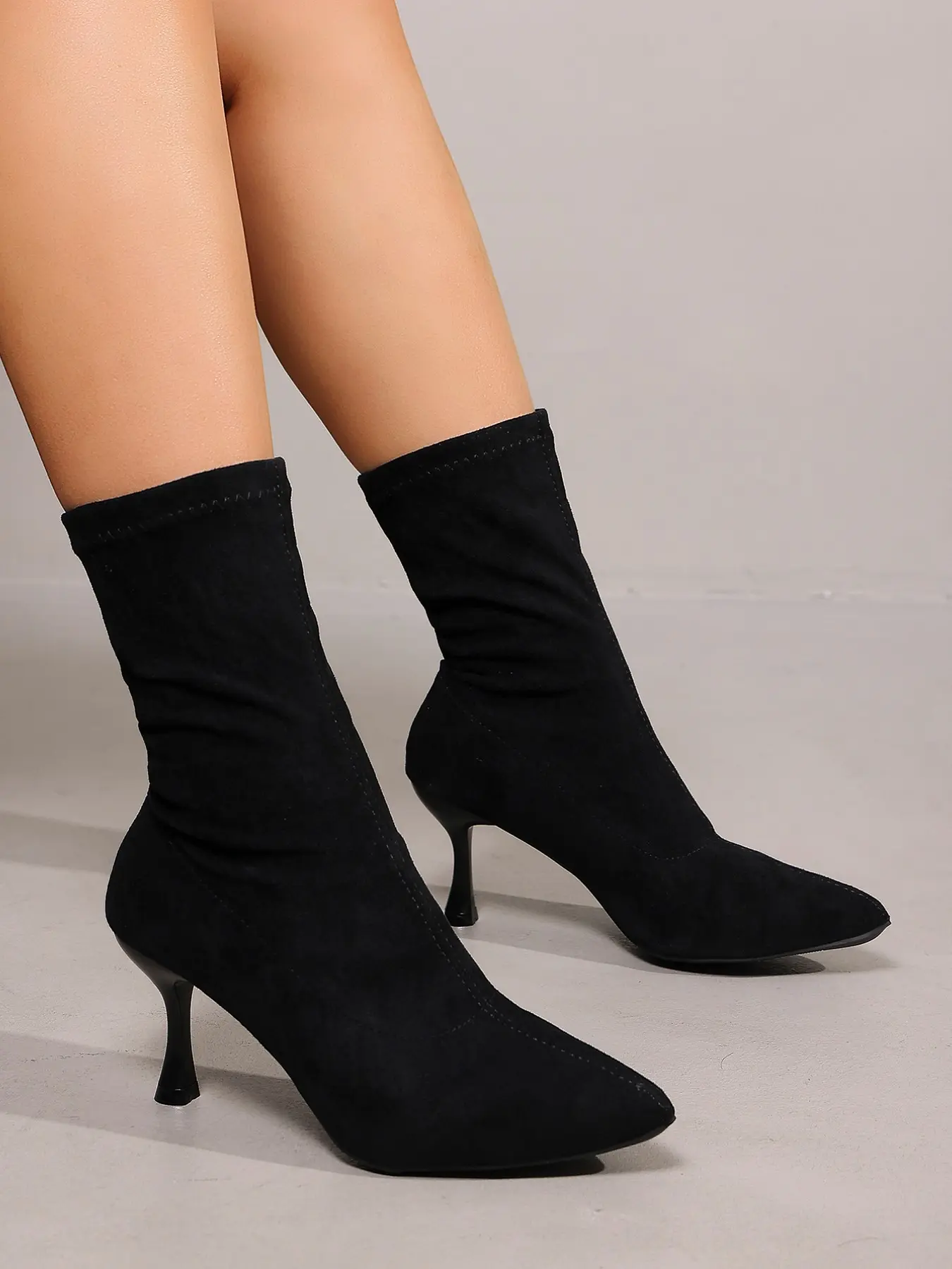 Pointed Toe Elastic Heel Short Boot, Slim Fit Ankle Boots, and, Fashionable Office Style, Lightweight and Comfortable