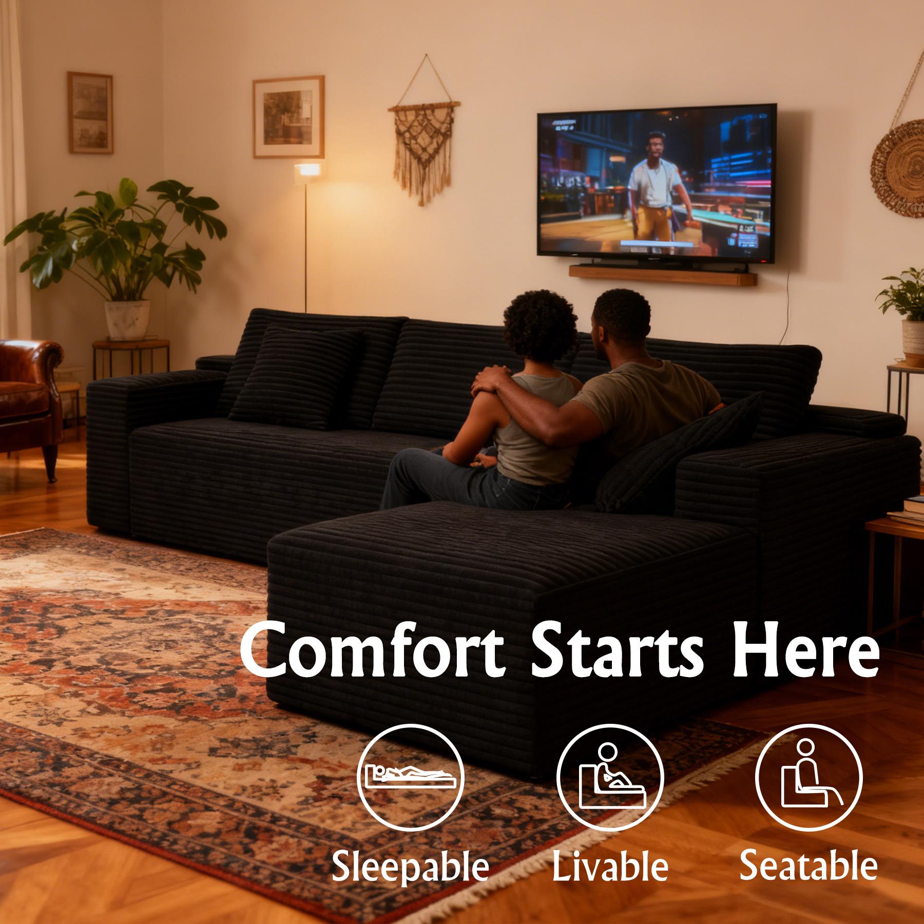 104" sofa living room Black Plush Corduroy Cloud VelvetModular Couches with Chaise, NoAssembly Required -L-ShapedSectional Sofa Set with FlexibleConfiguration boneless sectional furniture 104" sofa living room Black Plush Corduroy Cloud VelvetModular Couches with Chaise, NoAssembly Required -L-ShapedSectional Sofa Set with FlexibleConfiguration boneless sectional furniture