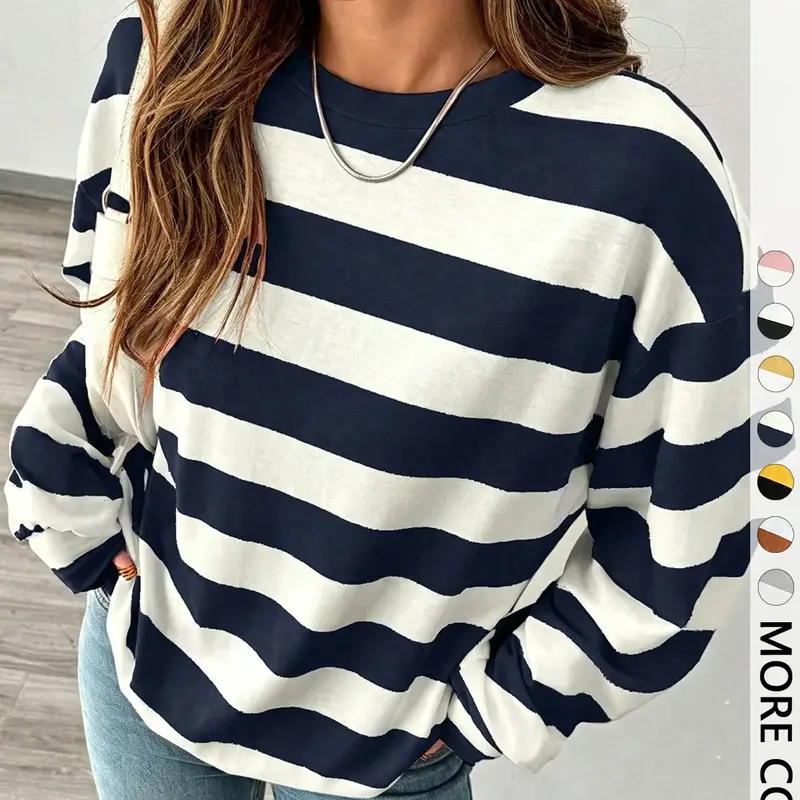Women's Striped Round Neck T-Shirt, Everyday T Shirt, Loose Fit Slimming Top, Casual Comfort for Fall and Winter Fashion