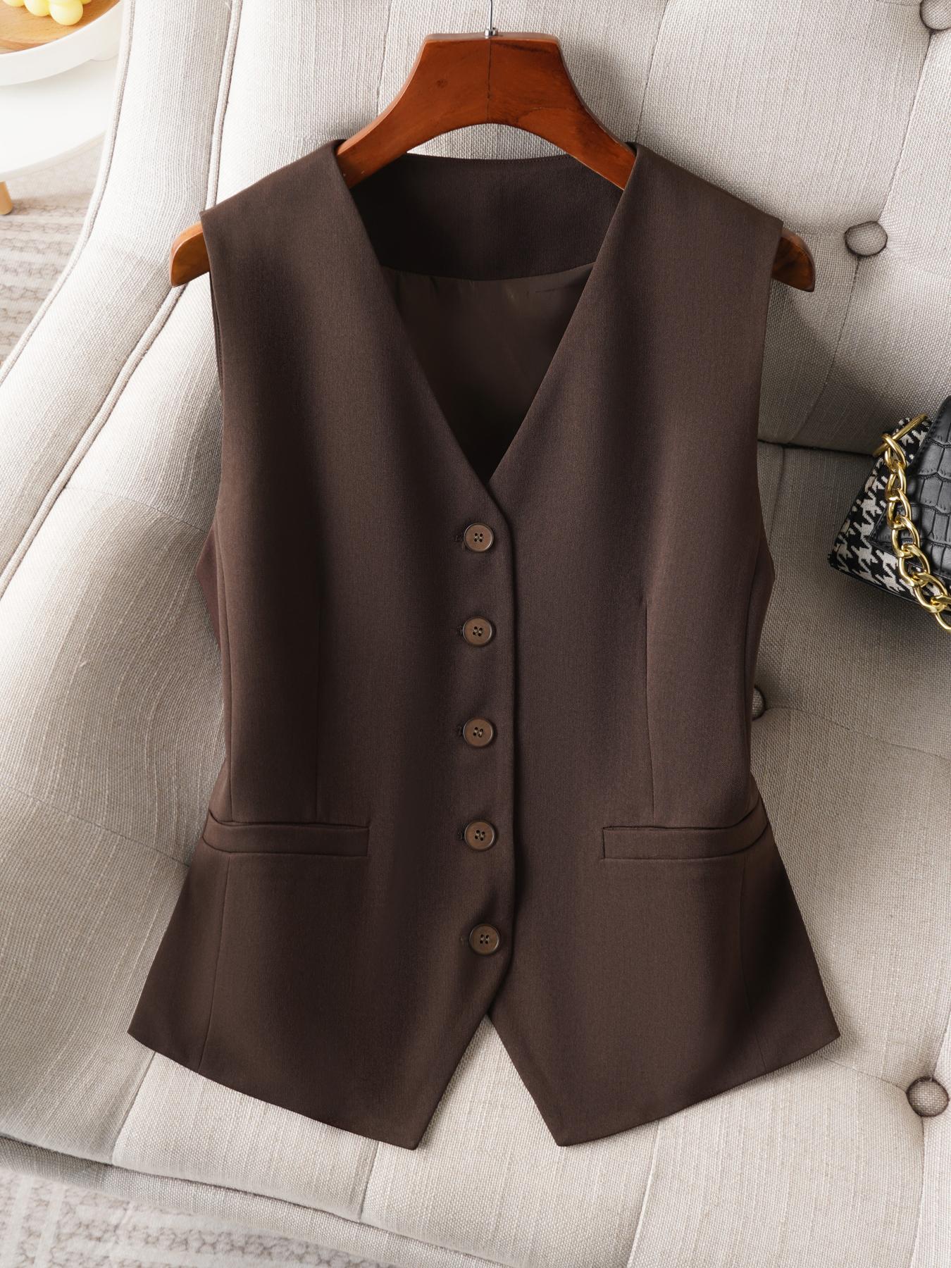 Women's Solid V Neck Button Vest Blazer, Casual Plain Color Waistcoat for Work Office Business, Ladies Spring & Fall Clothes