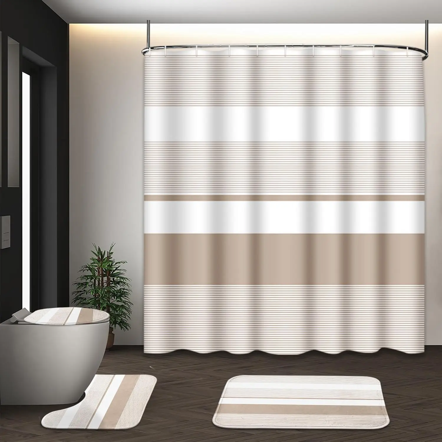Bathroom Sets with Shower Curtain and Rugs, 4 Pcs, Abstract Striped | Modern Beige Simple Bathroom Decor Set with Toilet Lid Cover, Non-Slip Bath Mats and Accessories 12 Hooks