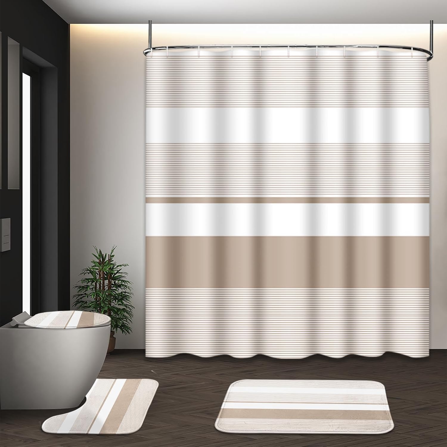 Bathroom Sets with Shower Curtain and Rugs, 4 Pcs, Abstract Striped | Modern Beige Simple Bathroom Decor Set with Toilet Lid Cover, Non-Slip Bath Mats and Accessories 12 Hooks