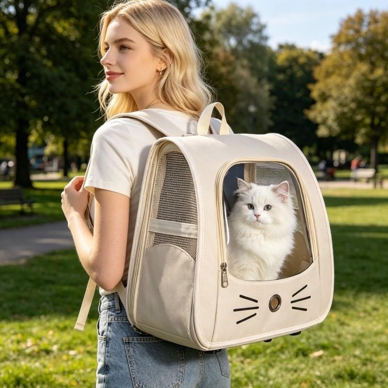 Transparent Bubble Window Cat Face Design Pet Backpack, Wide Strap Foldable Breathable Dog Bag, Ideal for Festive Occasions, Comfortable Travel Essential