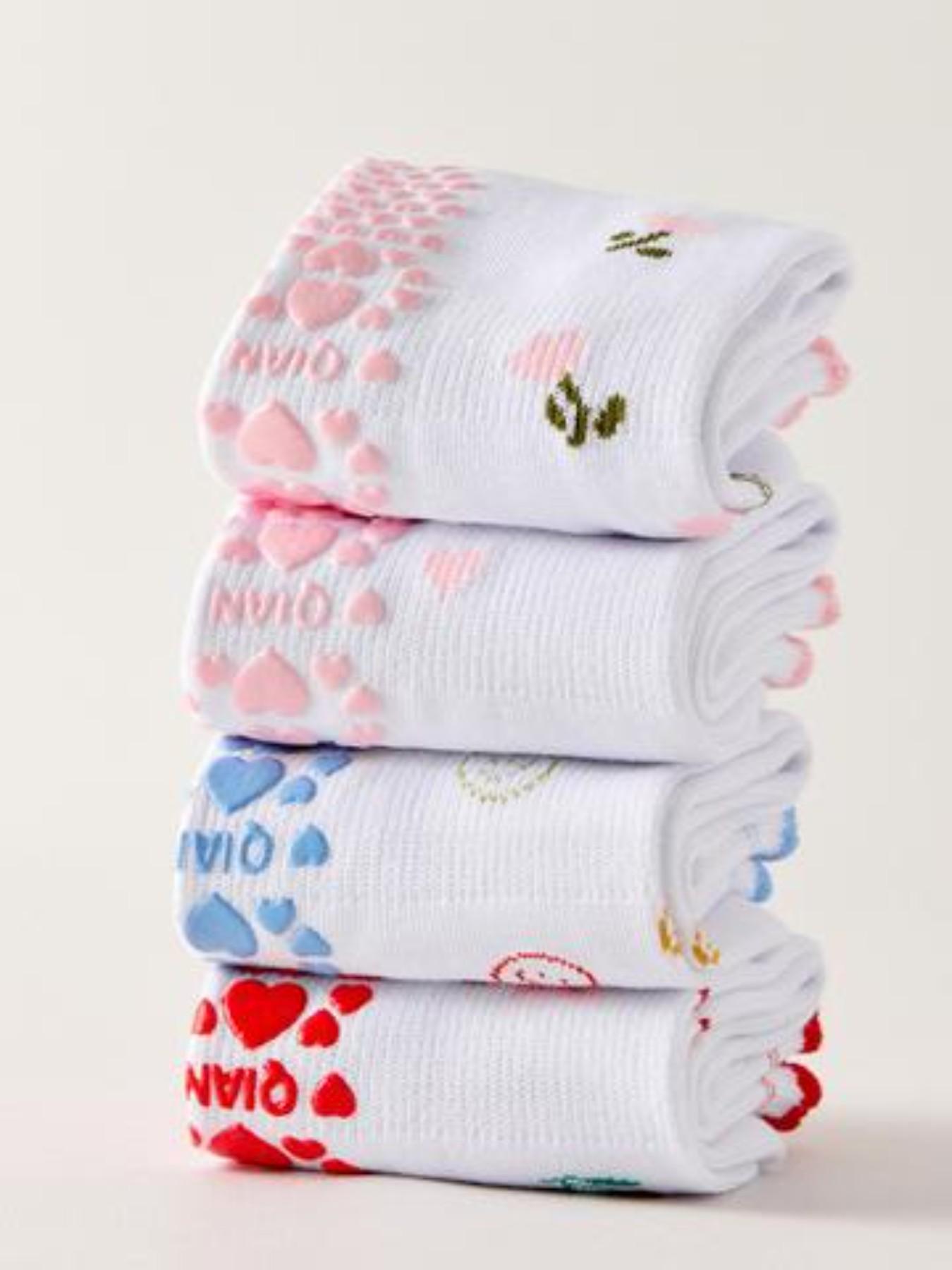 4 Pairs Women's Yoga Socks, Non-Slip Pilates Socks, Indoor Sports Socks, Cute Cherry Heart Flower Print, Breathable Comfortable