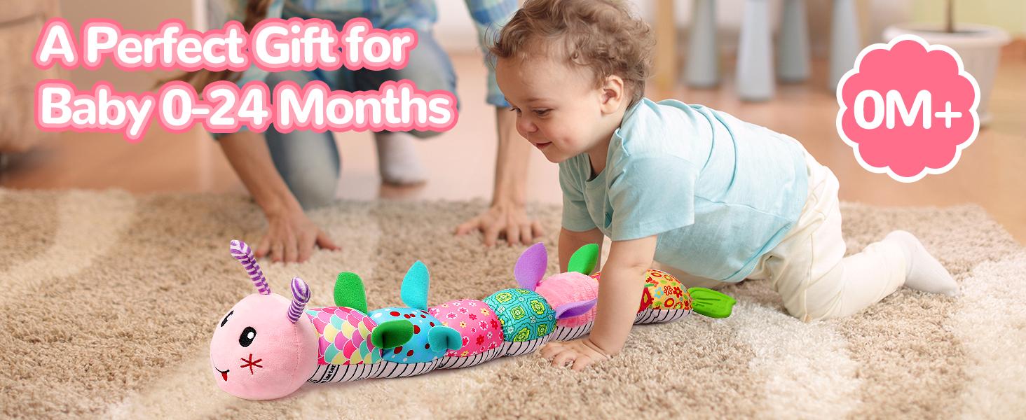 Newborn Baby Girl Gift Toys ,Infant Tummy Time Toys,Musical Stuffed Animal with Multi-Sensory Crinkle, Rattle and Textures,Baby Boy Girl Gifts,Pink Caterpillar Cute