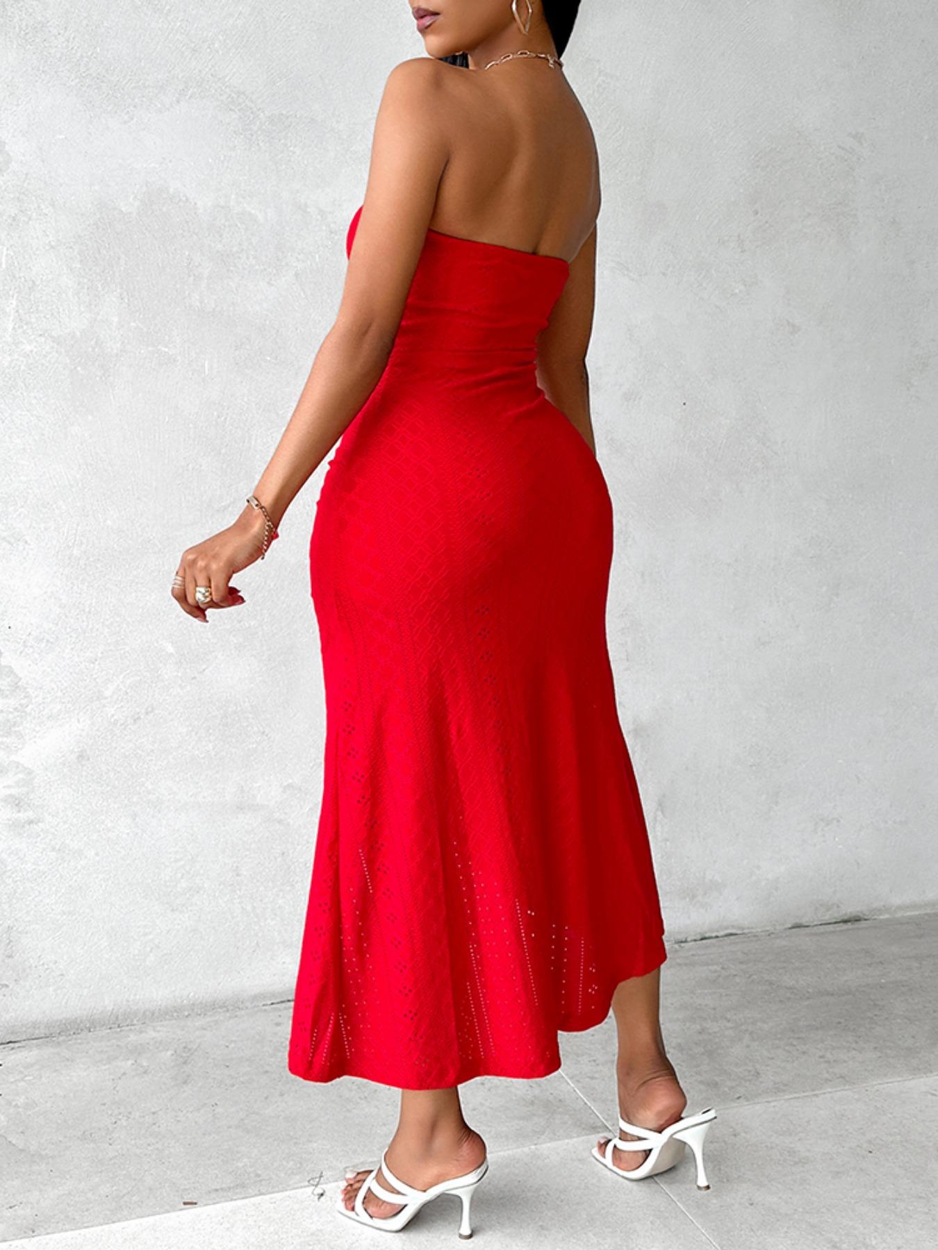 Women's Plain Eyelet Embroidery Ruched Split Thigh Tube Dress, Casual Strapless Sleeveless Long Dress for Summer, Women's Clothing for Beach Holiday, Womenswear, Lady