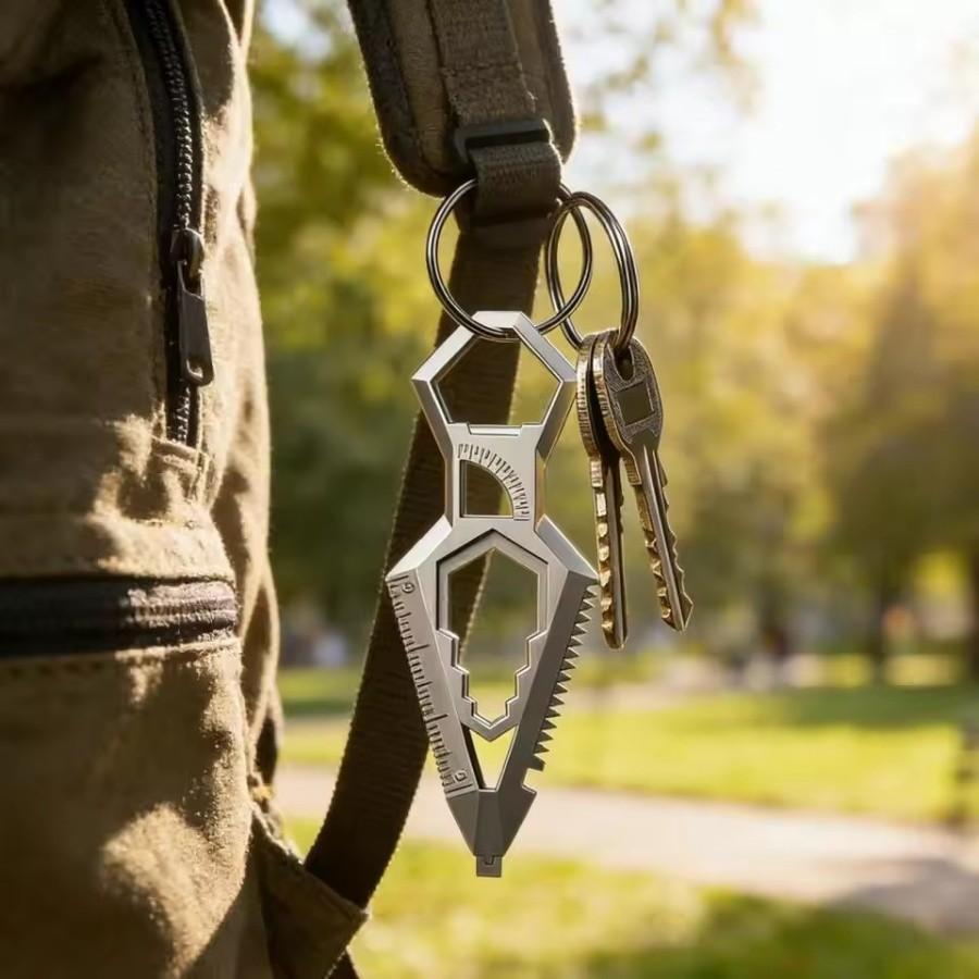 9-in-1 Stainless Steel Keychain, Portable Bottle Opener, Protractor, Ruler, Screwdriver, Wrench, Pocket EDC Tool.