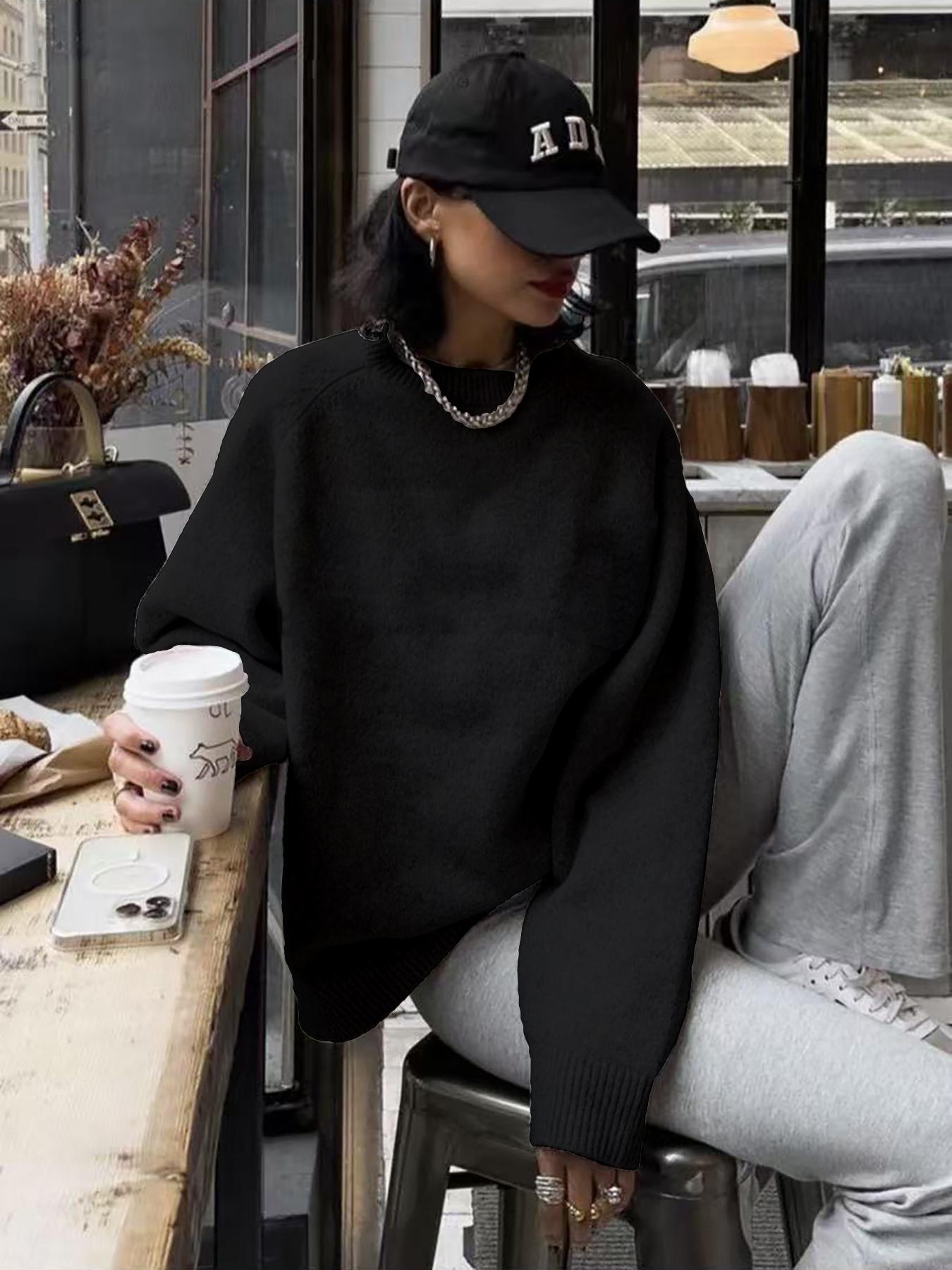 Women's Loose-Fitting Casual Knit Sweater, Soft Round Neck Long Sleeve Pullover, Simple Comfortable Solid Color Fashion Top