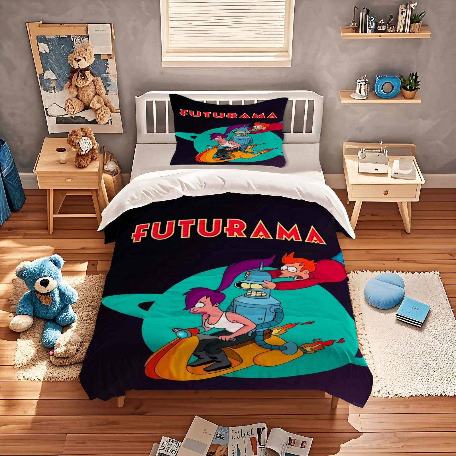 Futurama Cartoon Pattern Bedding Set, Soft Comfortable Durable Bedroom Decor Gift, Includes 1 Fitted Sheet and 1 or 2 Pillowcases, Soft Bedding Sets