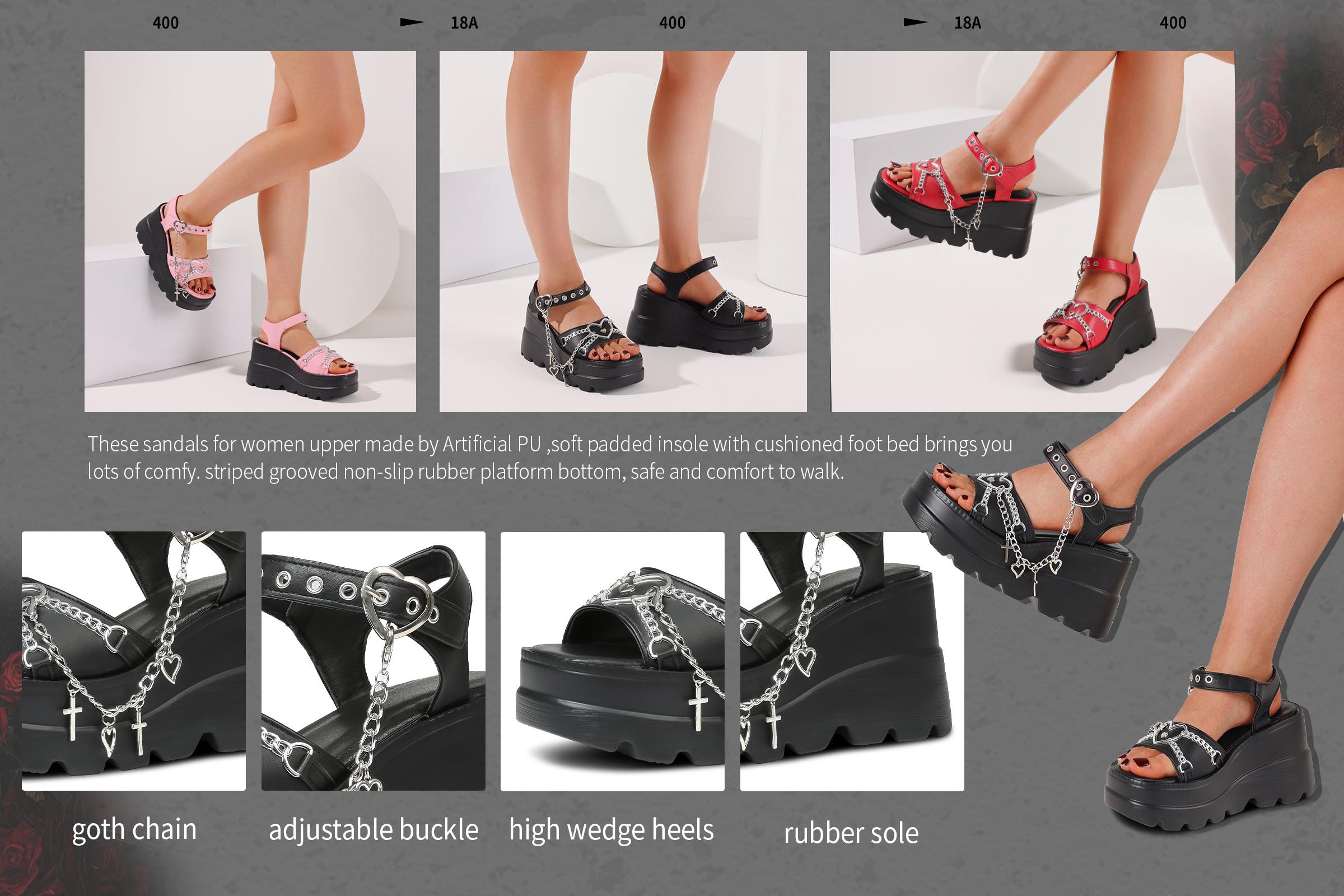 Summer Platform Sandals For Women Sweet Gothic Punk Heart Chain Buckle Comfort Square Toe High Slop Heel Wedge Sandals Black Flatform SpringStatements