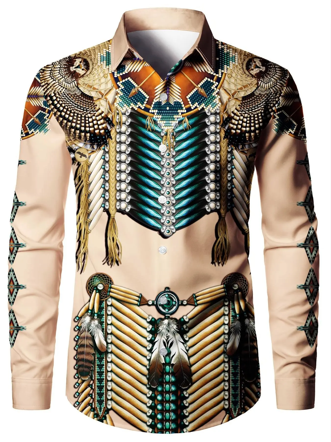 Men's Tribal Paisley Ethnic Long Sleeve Casual Shirt, Polyester Fabric, All-Season Wear, Regular Fit, Slight Stretch, Button Collar Design