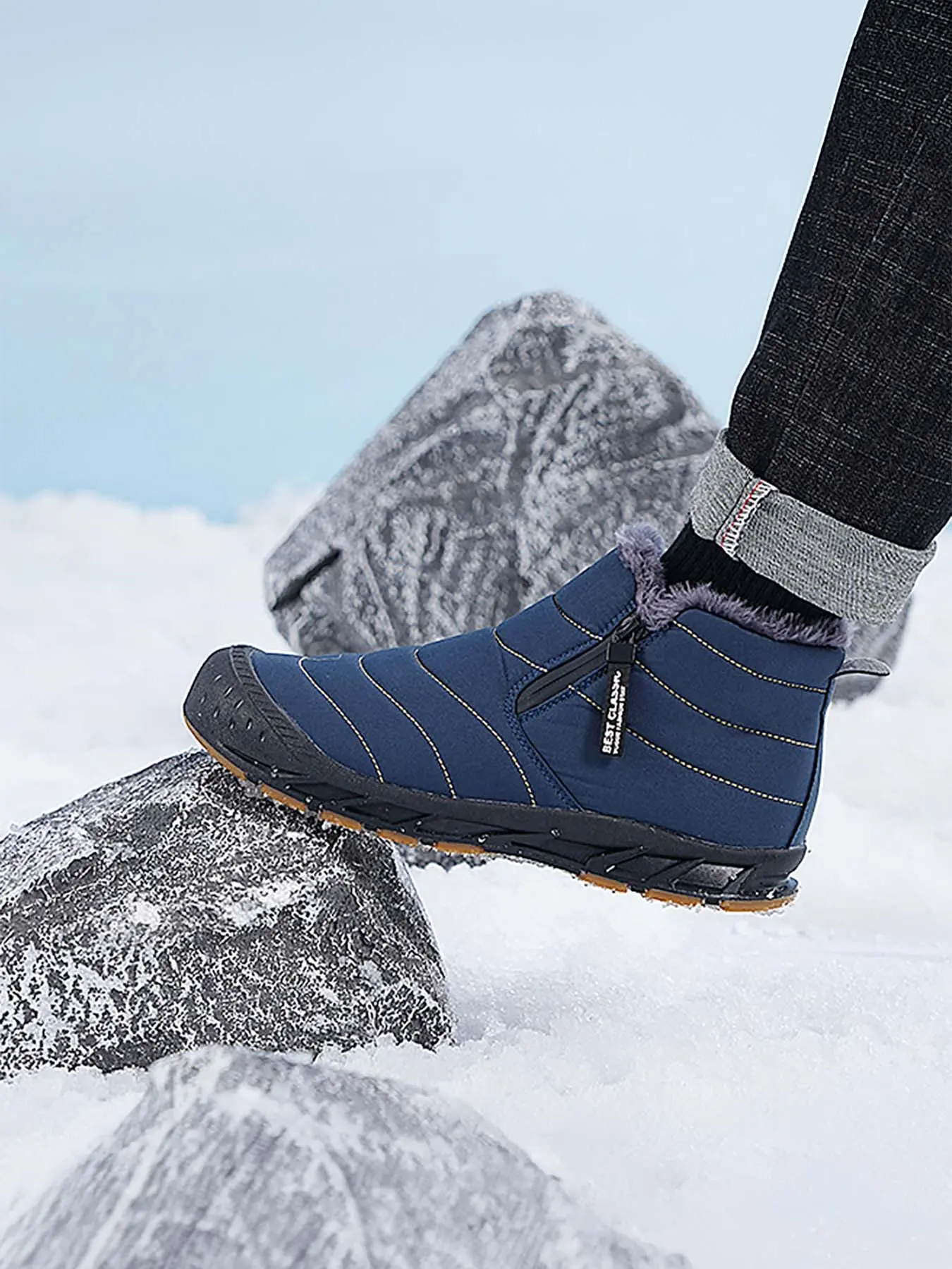 Men’s Fleece Lined Warm Barefoot Snow Boots, Wide Toe Box Zero Drop Quick Slip-On Lock Drawstring, Water Resistant Non-Slip Winter Ankle Boots for Commute & Trail Hiking