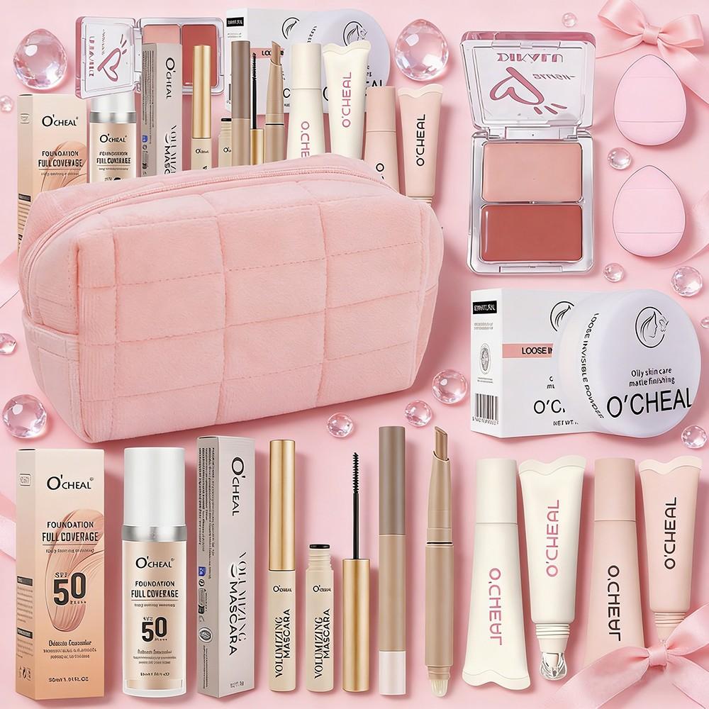 10 Piece Romantic Makeup Set, All-in-One Makeup Bag, Foundation, Setting Powder, Multifunctional Blush, Lip Gloss, Lash Primer, Contour Stick & Sponge, Gift for Wedding Season/Gift-Giving Season