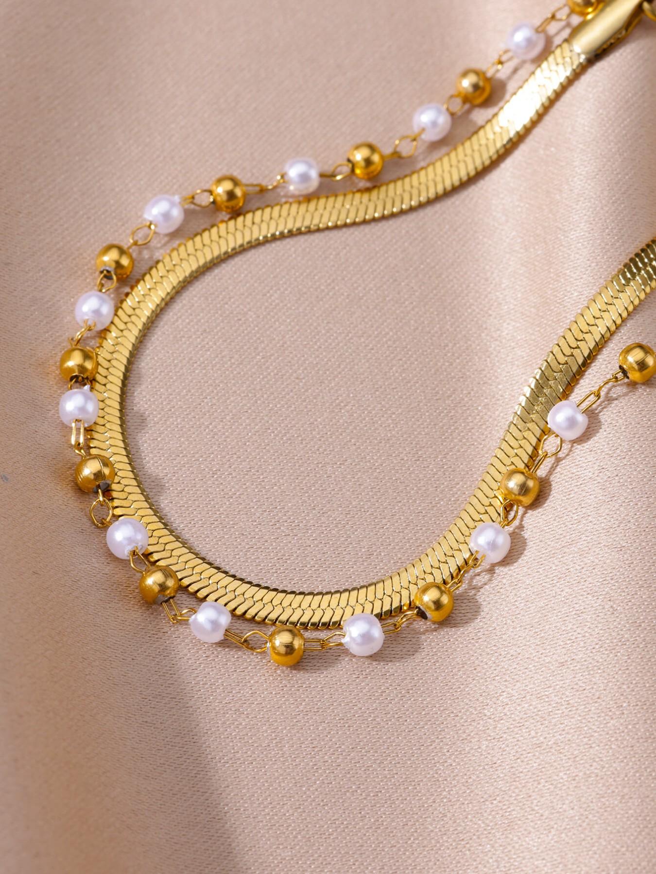 1 Pcs Imitation Pearl Round Bead Layered Anklets for Women Sainless Steel Summer Beach Flat Snake Chain Leg Chain Ankle Bracelet Femme Fashion Waterproof Jewelry,Perfect Gifts for Birthday,Party,Wedding,Anniversary,Mother's Day,Vacation,Daily