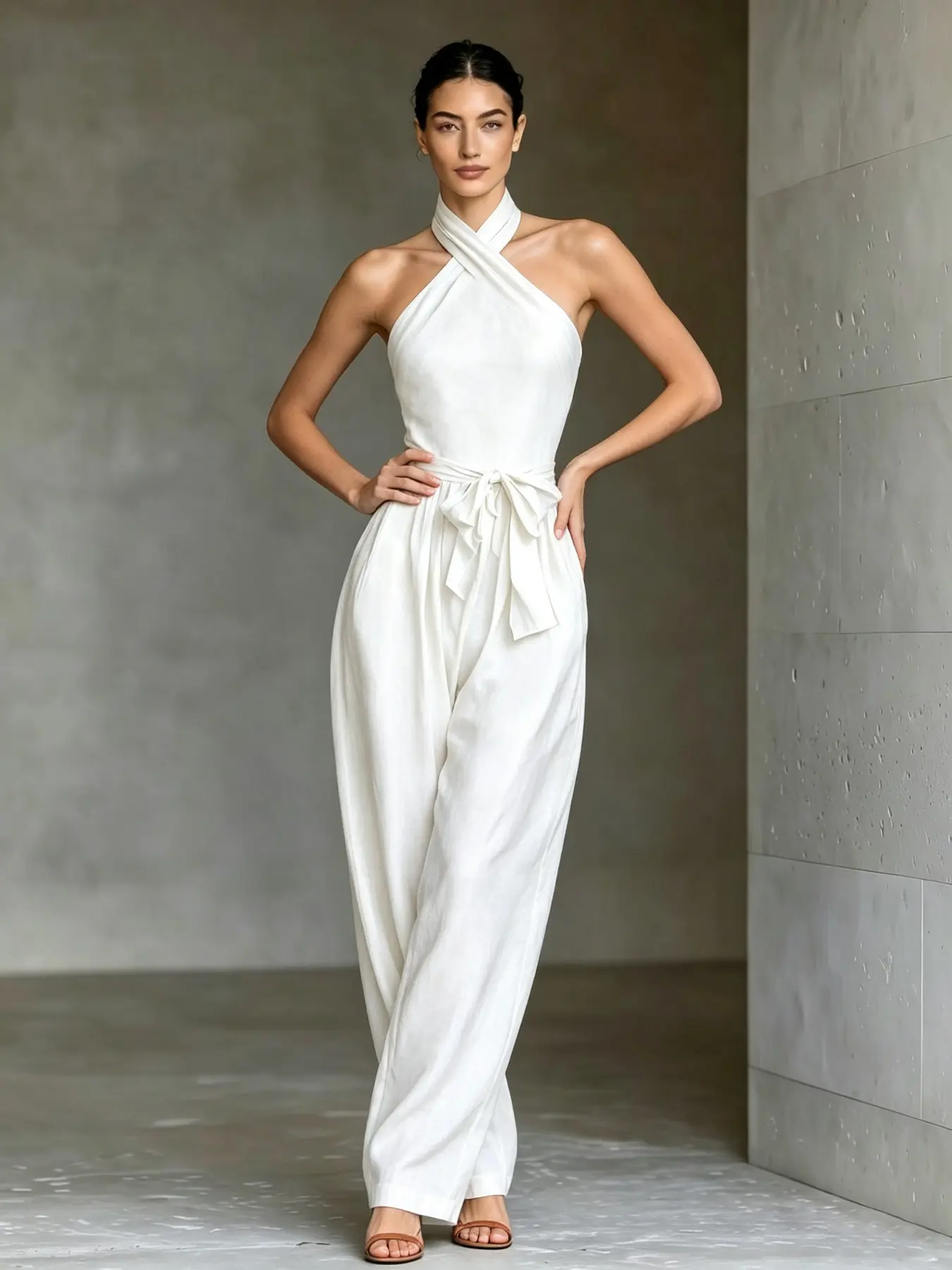 T6106 Chic Cross Halter Neck Active Fit Jumpsuit, Belted Waist Flowy Wide Leg With Pockets, Viral Summer Resort Dating Vacation Matching Outfit.