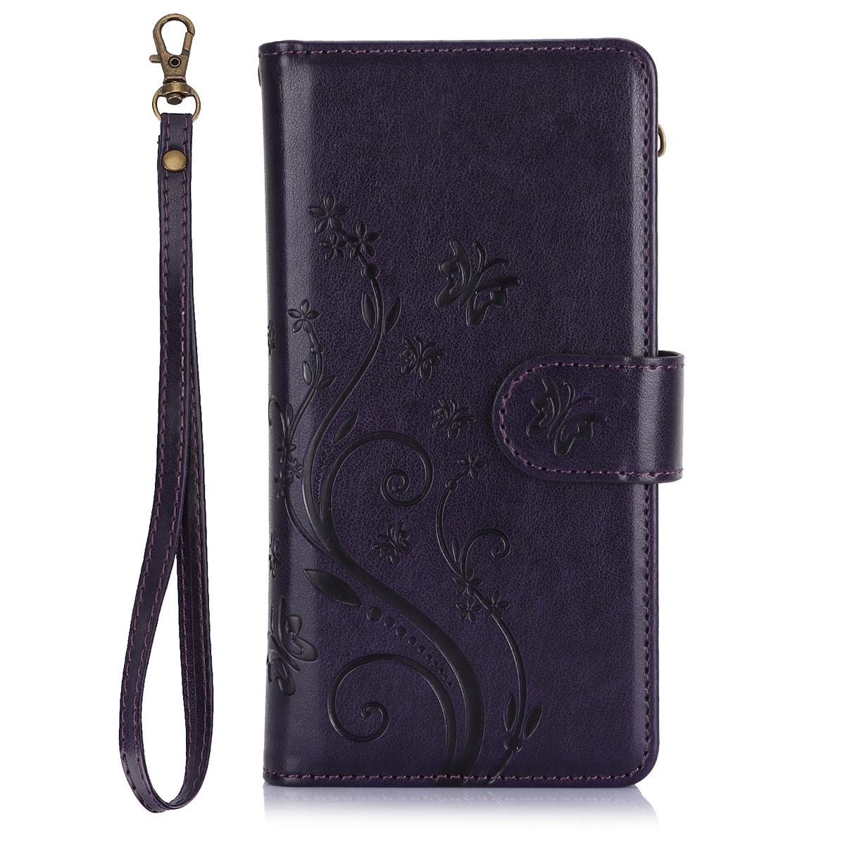 For Samsung Galaxy S25 Ultra S24 Plus S23 FE S22 S21 Lanyard Cute Floral Embossed Butterfly Wallet Phone Case with 6 Card Slots Zipper Pocket Wrist Strap Women Soft PU Leather Protective Flip Fold Stand Cover Magnetic Closure For Mom