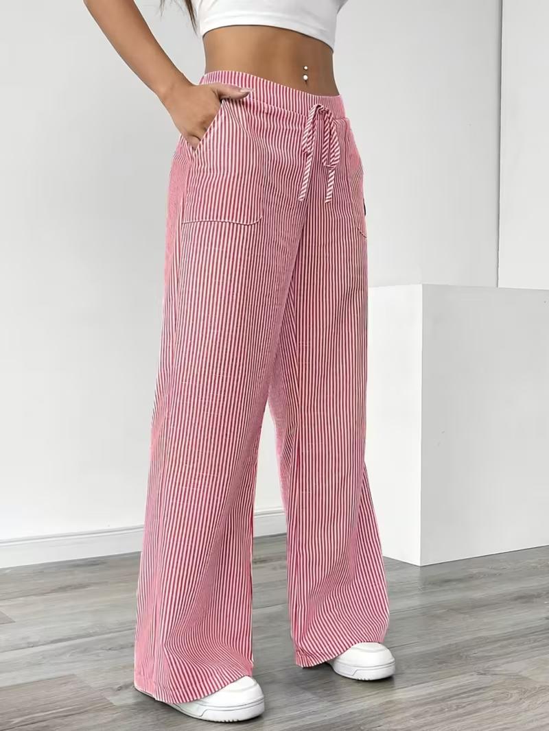 New Style Wide Leg Pants with Side Pockets, Casual Striped Print Loose Drawstring Waist, Women's Fashion Joggers