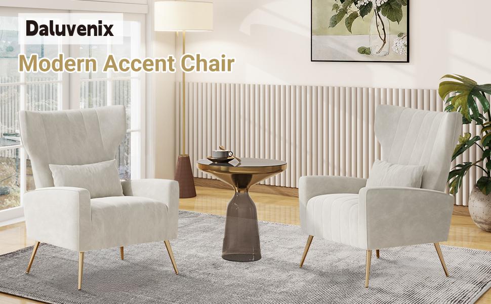 Velvet Accent Chair Wingback for Living Room, High Back Arm Chair with Golden Legs Lumbar Pillow, Upholstered Single Sofa Bedroom Beige