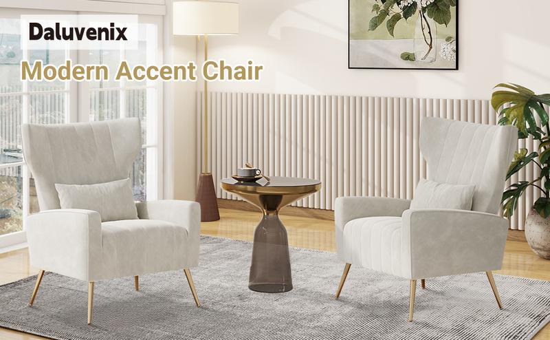 Velvet Accent Chair Wingback for Living Room, High Back Arm Chair with Golden Legs Lumbar Pillow, Upholstered Single Sofa Bedroom Beige