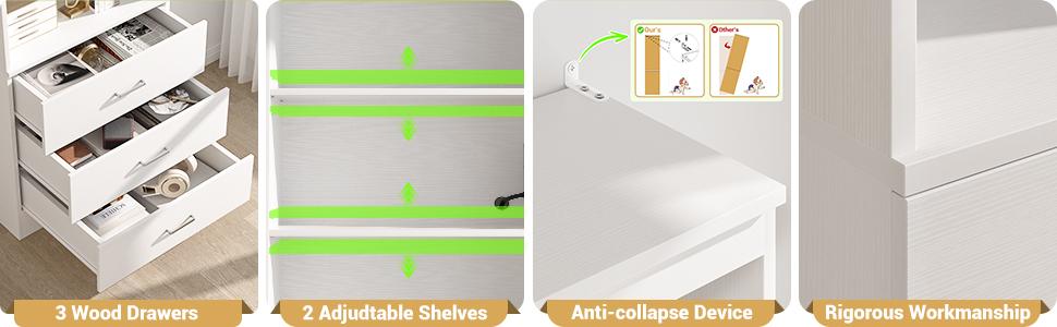 23.6" Storage Cabinet Bookshelf with Charging Station and 3 Wood Drawers, Freestanding Closet System with Storage Shelves, Wardrobe, Closet Rack