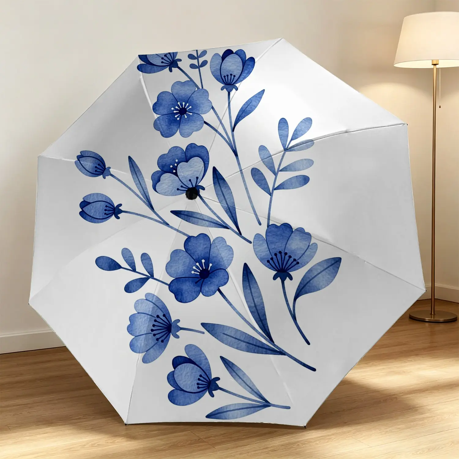 Gradient Blue Watercolor Wildflower Design Automatic Folding Umbrella, 8-Rib Glass Fiber Frame, Plastic Handle, Windproof, Halloween & Christmas Gift