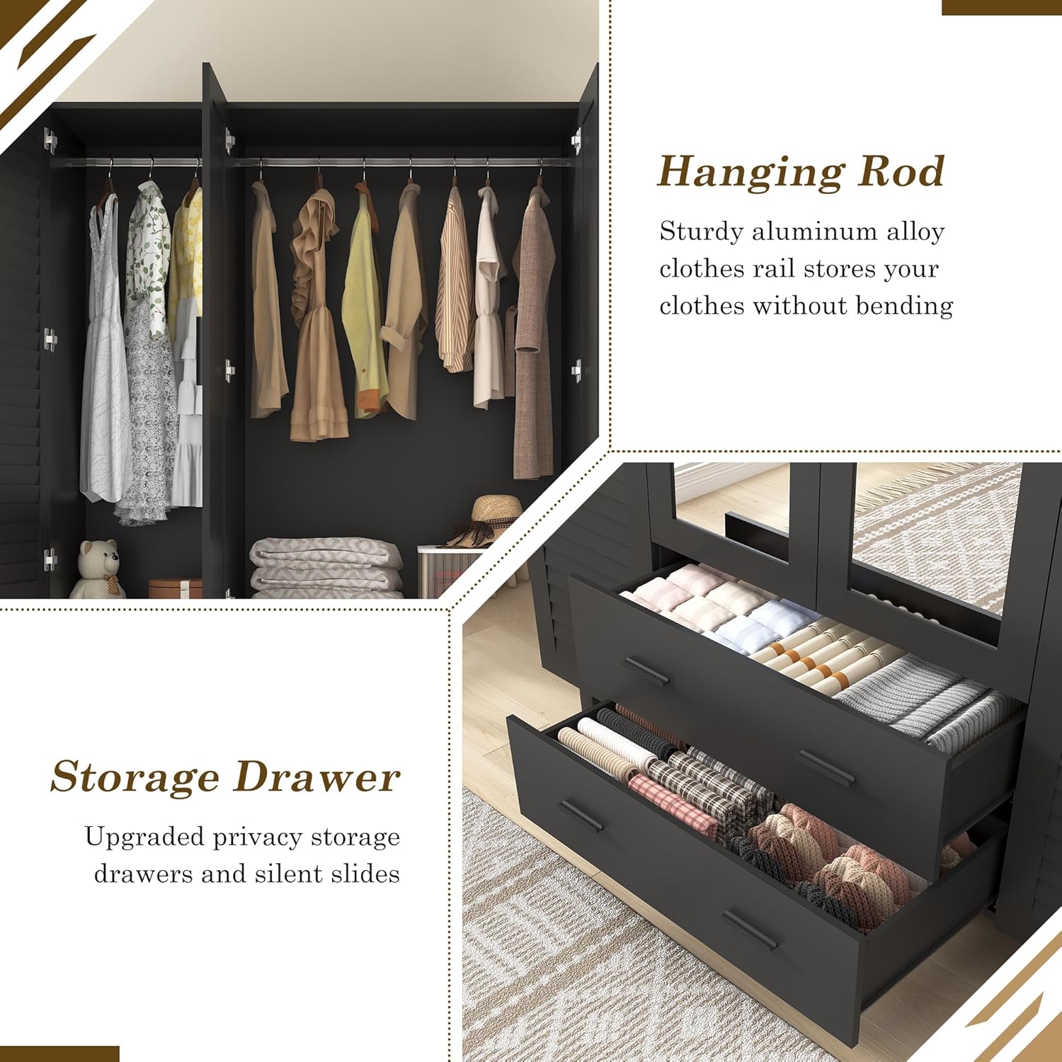 2/3/4 Door Armoire Wardrobe Closet Cabinet with Drawers and LED Lights, Multi-Tier Shelves, Hanging Rod & Louver Doors, Large Capacity Storage Wardrobe Armoire for Bedroom(Black/white) 2/3/4 Door Armoire Wardrobe Closet Cabinet with Drawers and LED Lights, Multi-Tier Shelves, Hanging Rod & Louver Doors, Large Capacity Storage Wardrobe Armoire for Bedroom(Black/white)