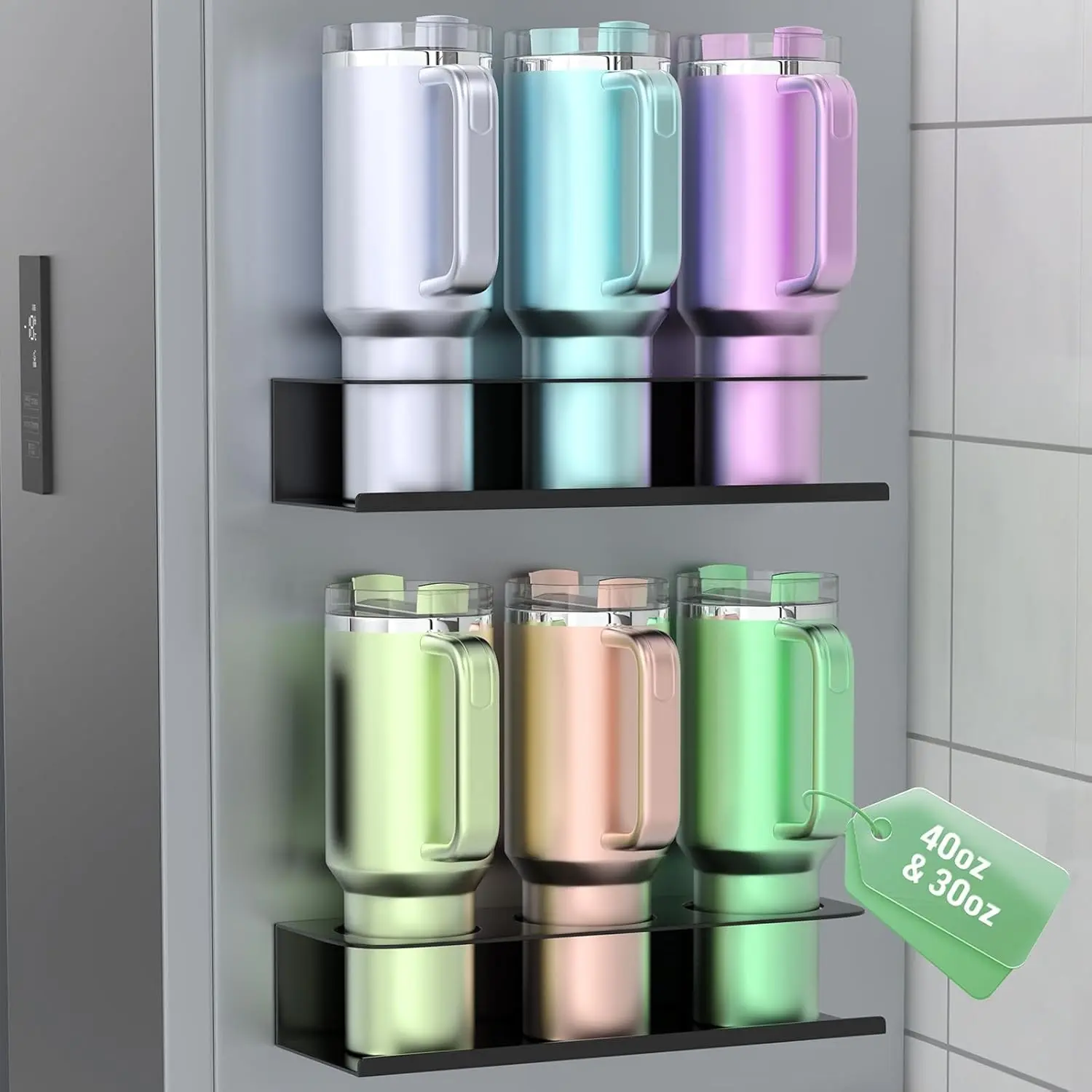 2 Pack Magnetic Stanley Cup Holder for Fridge, Water Bottle Organizer for Tumbler with Double Sided Tape Hold Stanley Cup Accessories for Kitchen Cabinet Wall