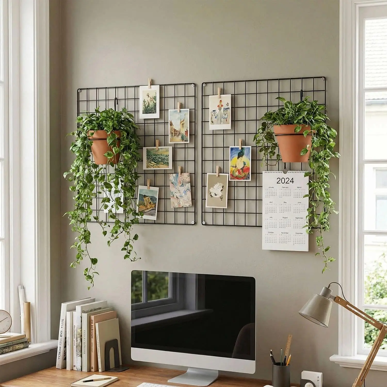 Painted Wire Wall Grid Panel, Multifunction Photo Display and Wall Organizer, Pack of 2, Size:23.6"x 23.6", Square Black