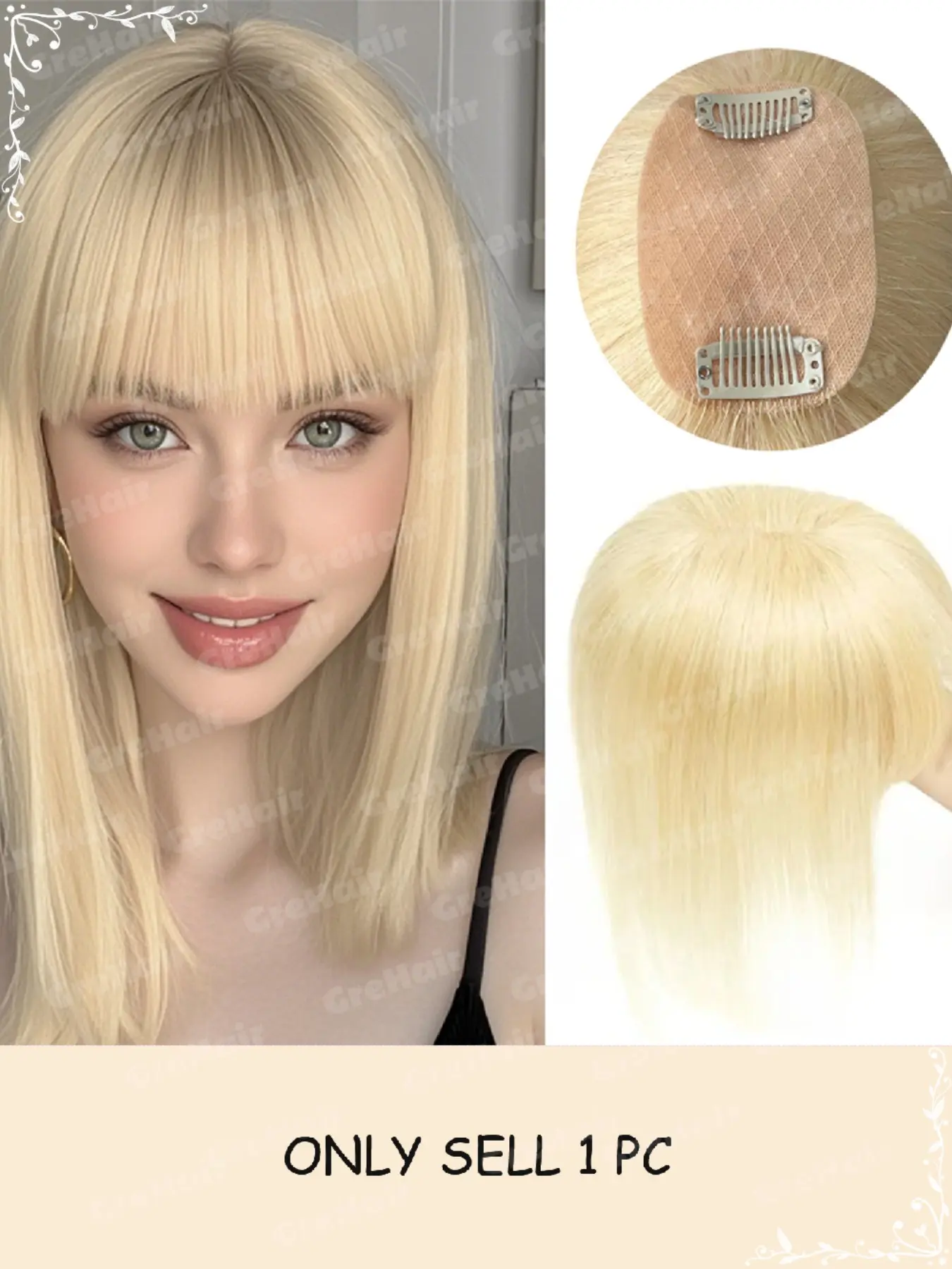 5x9cm Real Human Hair Frontal Hair Patch, Clip-On Bald Spot Cover, Light Color Full Size, Natural Hair Growth for Daily Use