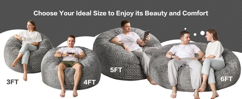 【Hobestluk】Bean Bag Chair 6ft for Adults, 70" x 70" x 15", Big Bean Bag Design, Plush Fur Cover, Versatile for Living Room, Bedroom, Dorm, Office Couch Sofa,fathersdaygifts