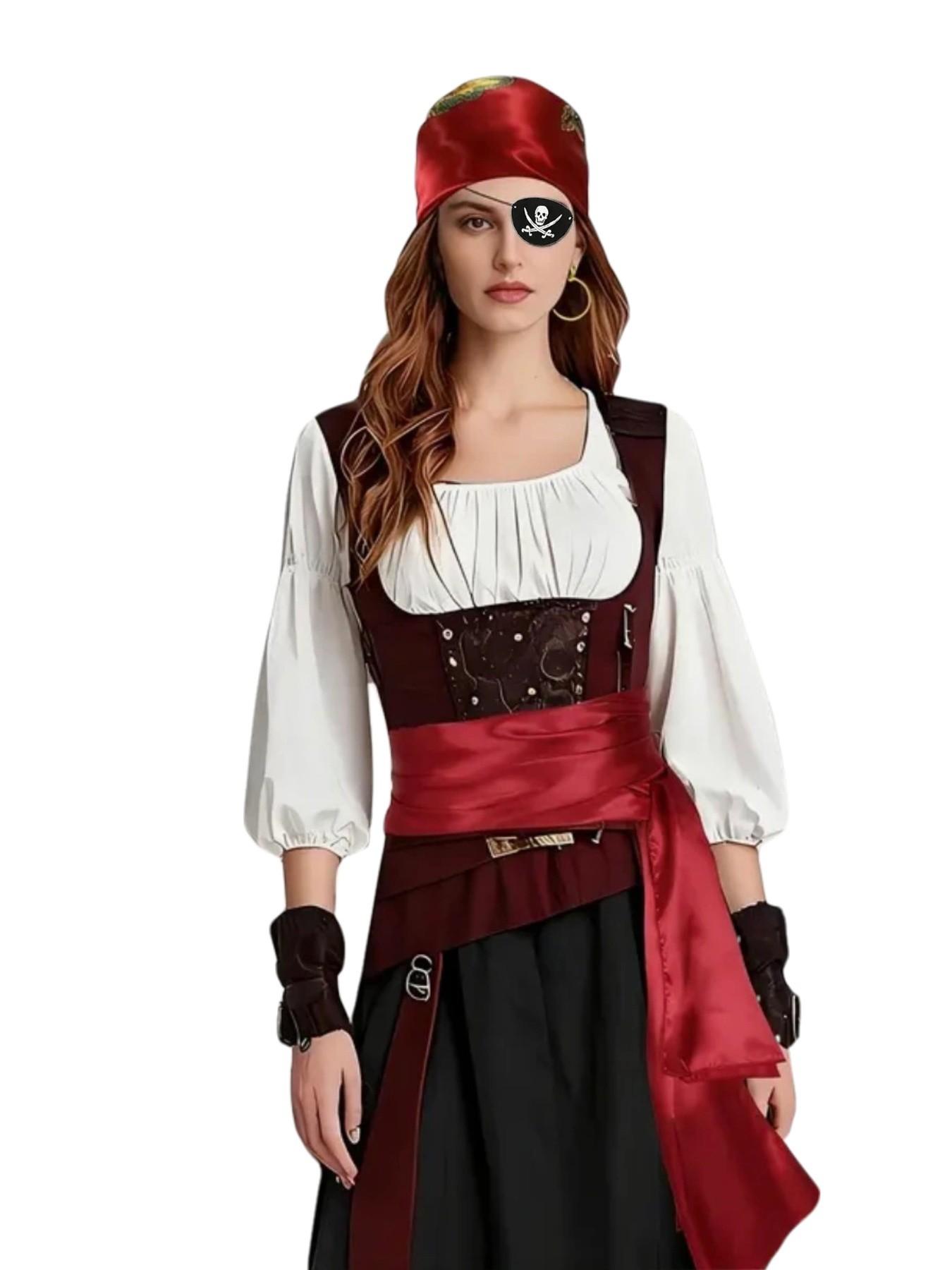 Women's Pirate Costume Set, Christmas New Fabric, Festival Fun Role Play, Medieval Renaissance Pirate Hat and Belt Accessories, Valentine's Party Dress Up Props