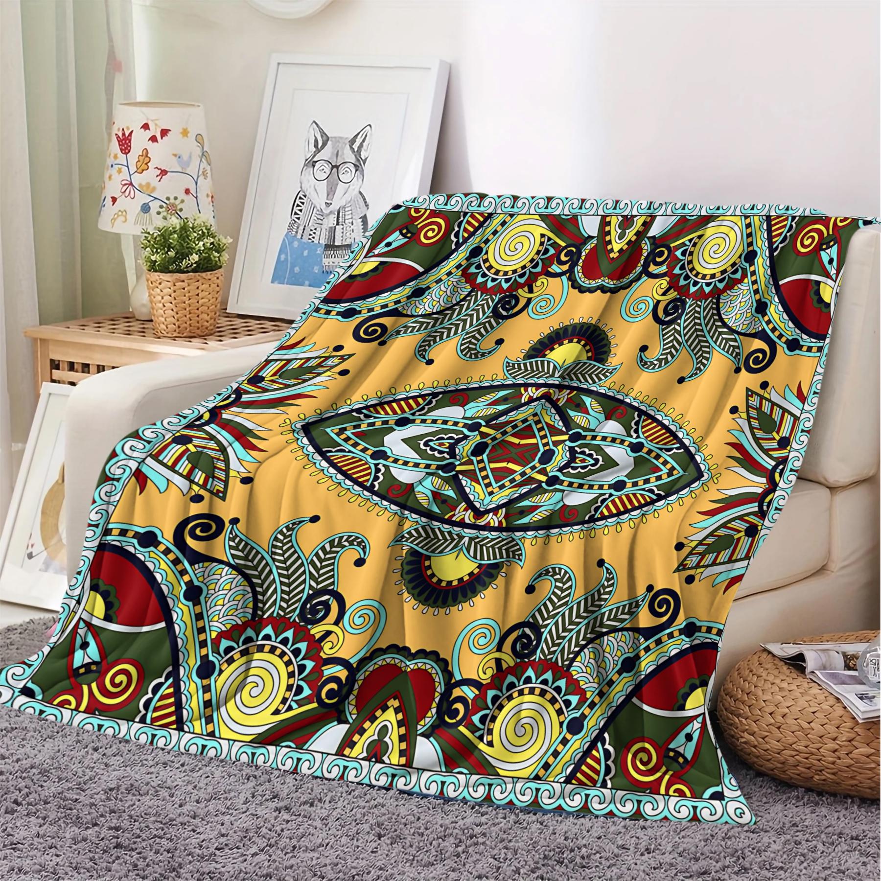 1Pcs Boho Paisley Digital Print Flannel Blanket, Vibrant Ethnic Style Throw Blanket, Ultra-Soft Cozy Warm Blanket, All-Season Decorative Gift Blanket, Perfect for Bedroom, Sofa, Couch, Camping, Travel, Dorm Decor