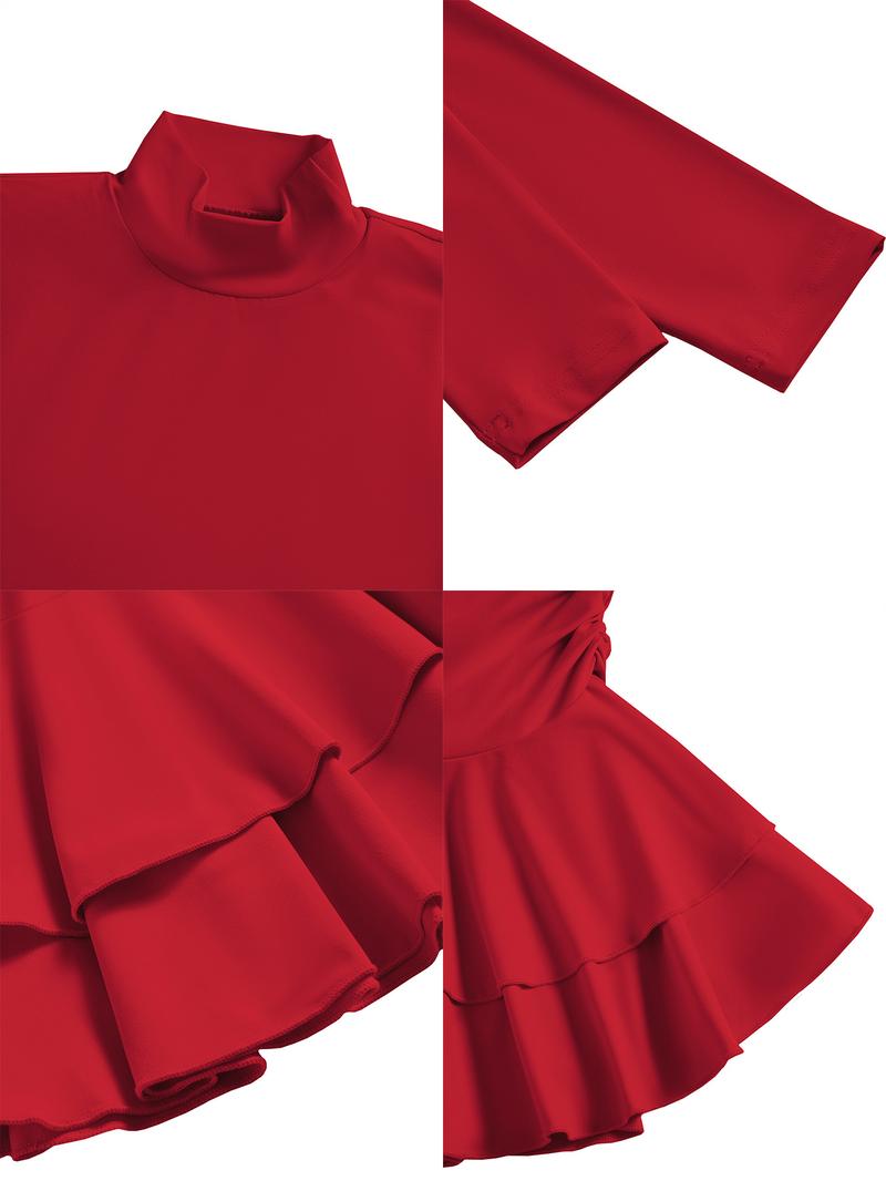 Aliling Women's Elegant Knitted Dress, High Neck Long Sleeve Ruffle Hem Mini Dress, Fall & Winter Fashion, Party Date