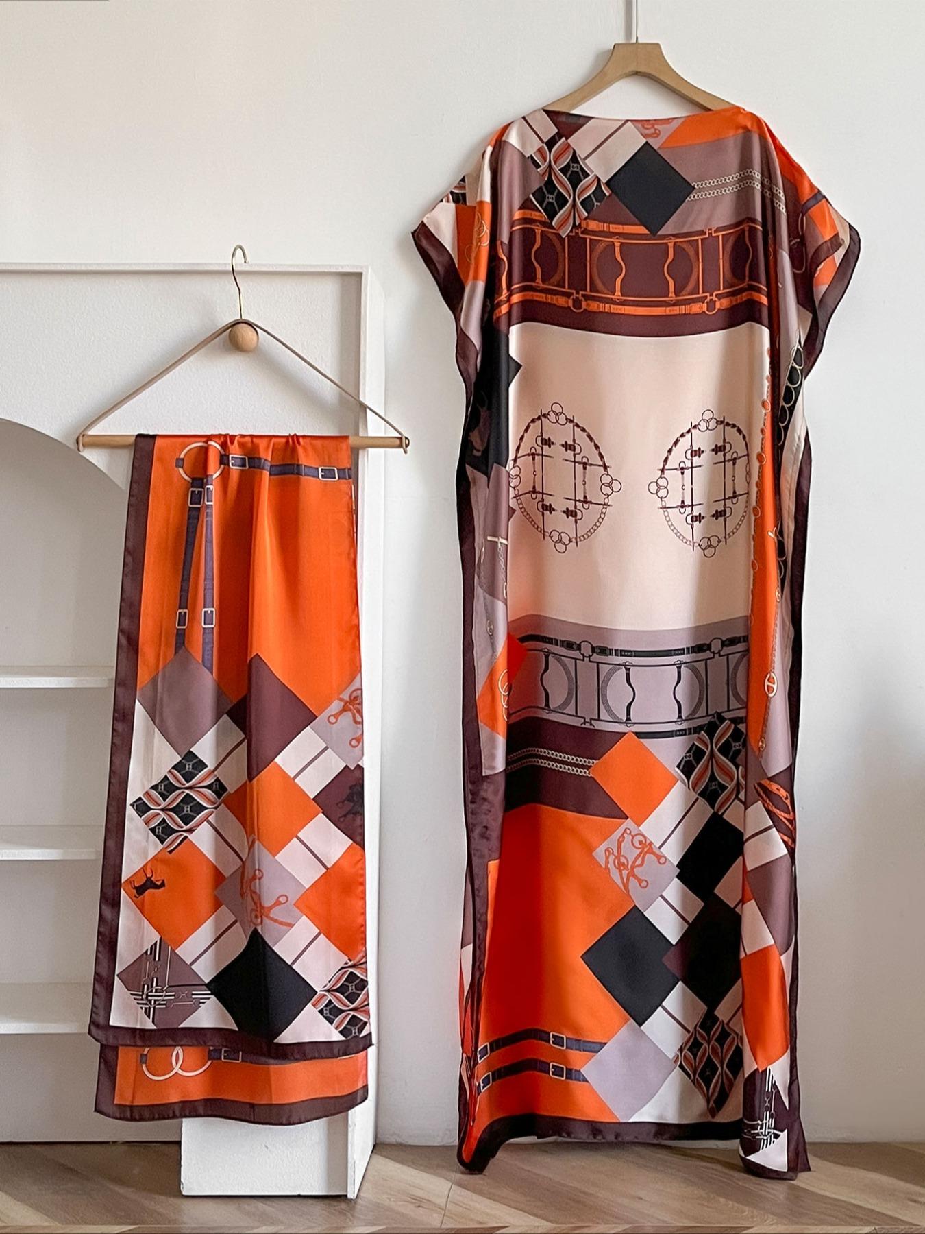 Women's Colorblock Print Long Scarf & Poncho Set, Casual Soft Comfortable Shawl for Beach Vacation, Fashion Accessories for Women & Girls