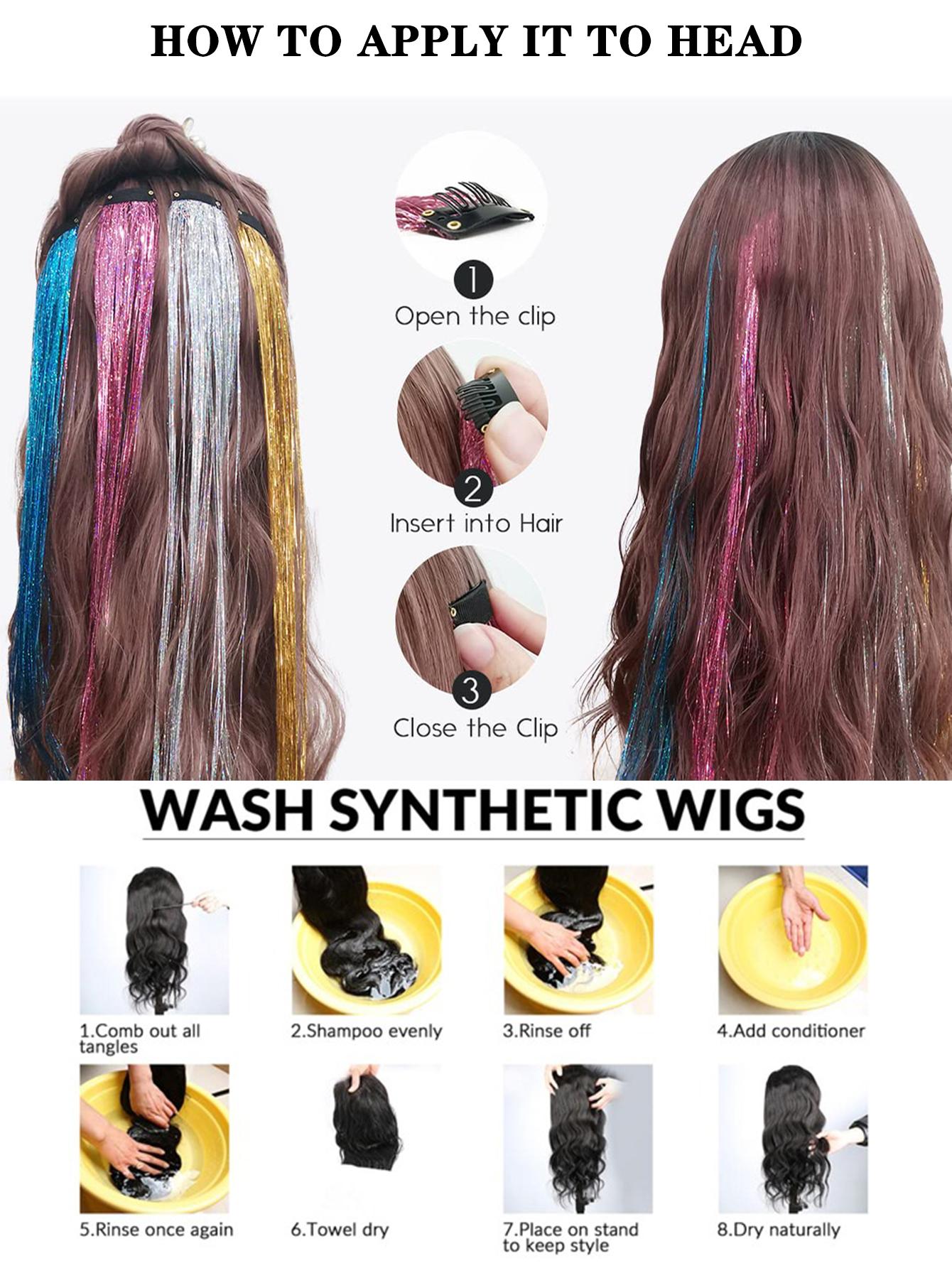 Clip in Hair Tinsel Synthetic 22 Inch Colorfull Tinsel Hair Extensions 12Pcs/Pack for Women Girls Party Christmas New Year Gift Synthetic Soft Hairpieces