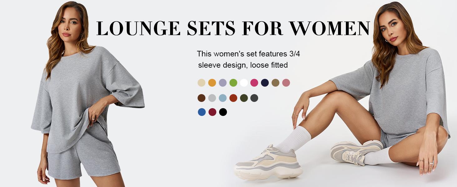 FMEYOA Womens Casual Comfy 2 Piece Outfits 3/4 Sleeve Tops and Elastic Waist Shorts Lounge Sets Loungewear