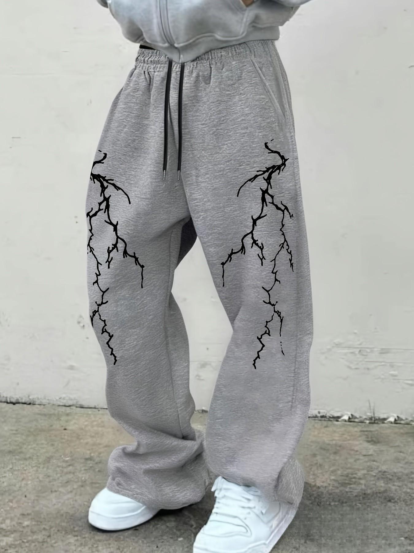 Men's Lightning Print Drawstring Elastic Waist Y2K Street Style Loose-Fit Casual Long Pants, Comfortable Daily Wear, All-Season Fashion